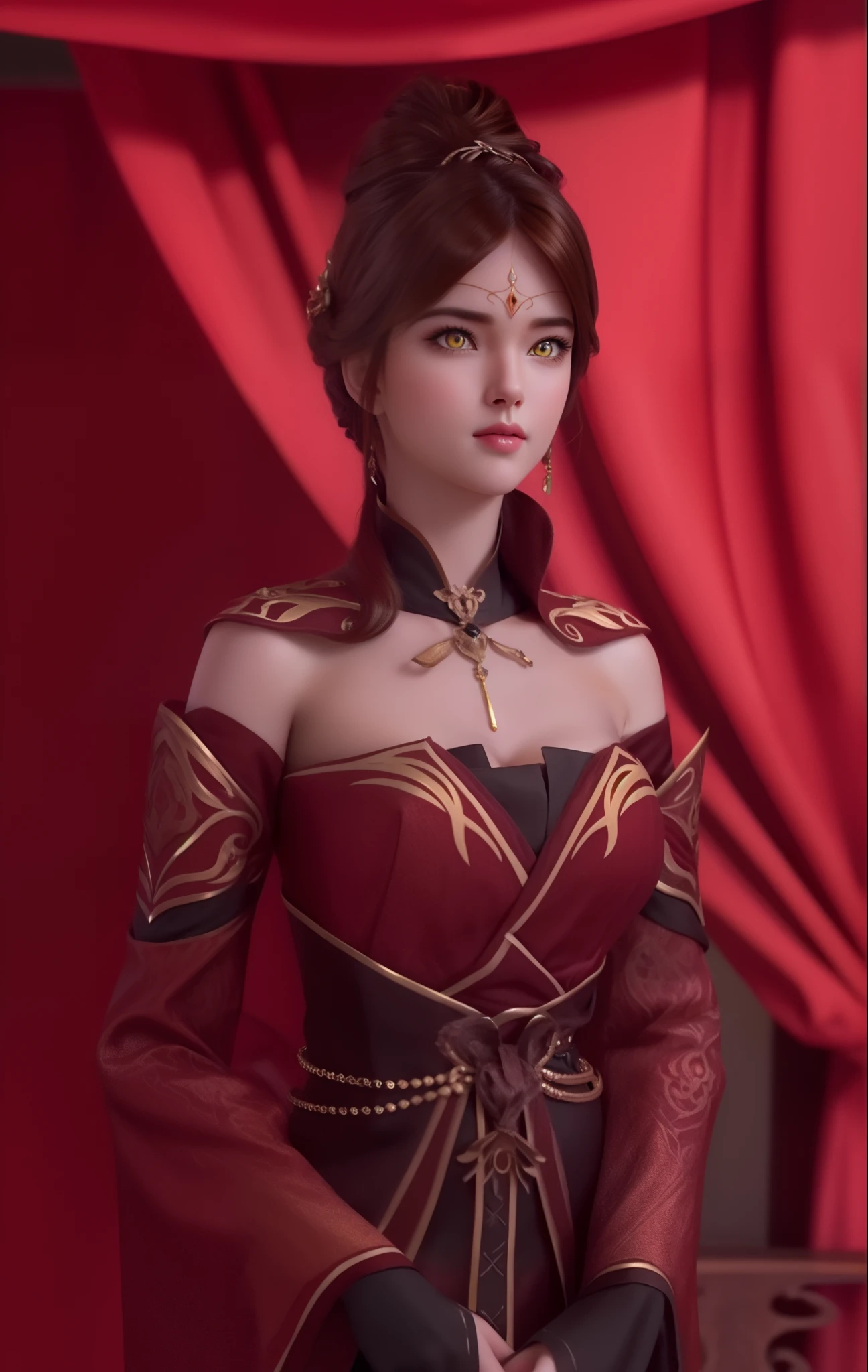 (hyperrealistic), (illustration), (high resolution), (8K), (extremely detailed), (best illustration), (beautiful detailed eyes), (best quality), (ultra-detailed), (masterpiece), (wallpaper), (photorealistic), (natural light), (rim lighting), (detailed face), (high detailed realistic skin texture), (anatomically correct), (solo), (1 girl), (high detailed realistic hair), (caramel hair:1.35), (heterochromic eyes), (detailed eyes), (yellow eyes:1.37), (sparkling eyes), (realistic big breasts:1.5), (exposed breasts:1.35), (long legs), (slender abs), (dynamic pose), (closed tiny mouth:1.3), nsfw, concentrated expression, red and black outfits