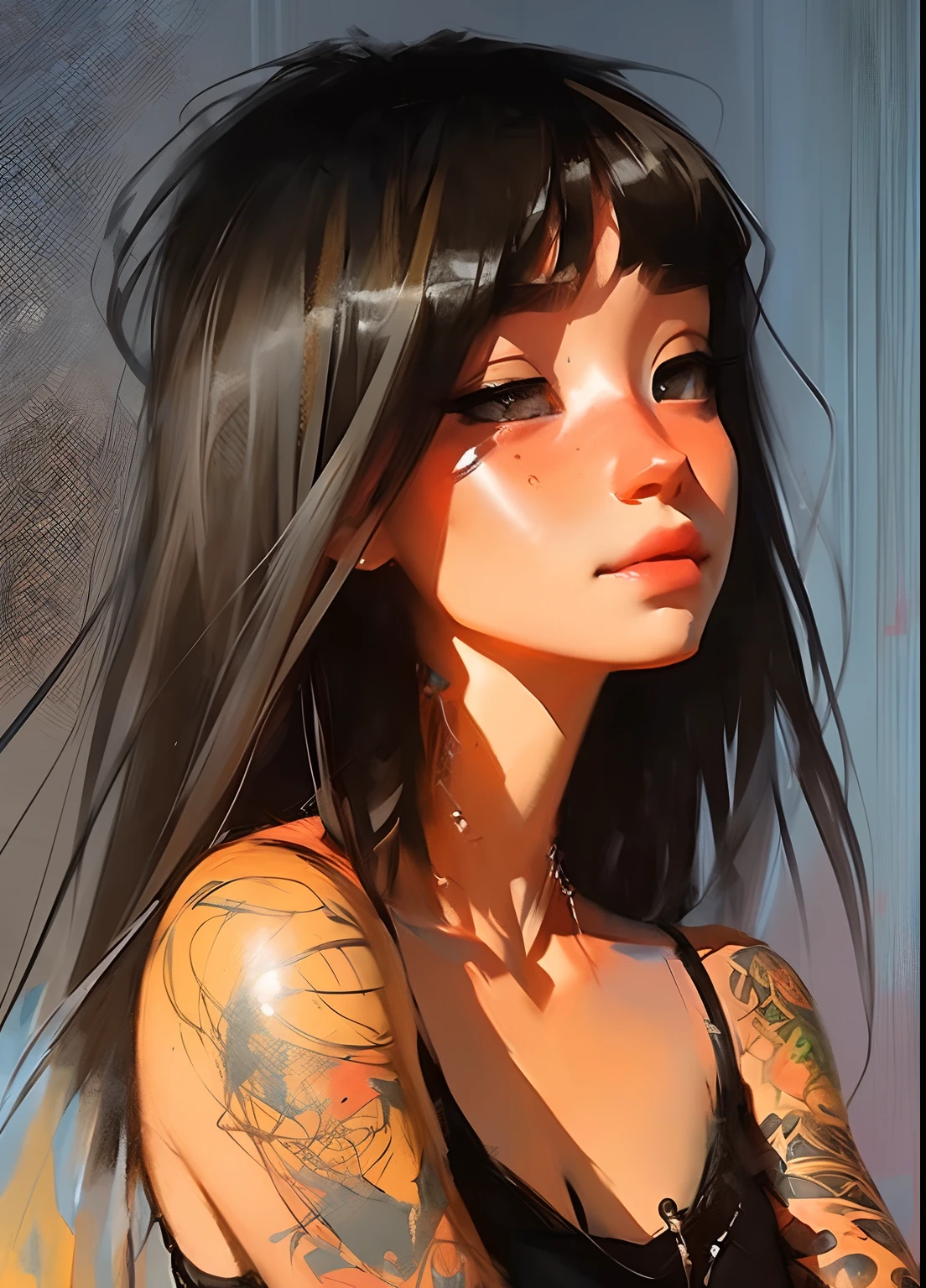 samdoesarts; portrait of one, a young blonde woman, with colourful makeup, long hair with bangs, sternum lotus tattoo, by Jeremy Mann, matth�us merian the elder, Pino Daeni, robert rauschenber, by beksinski