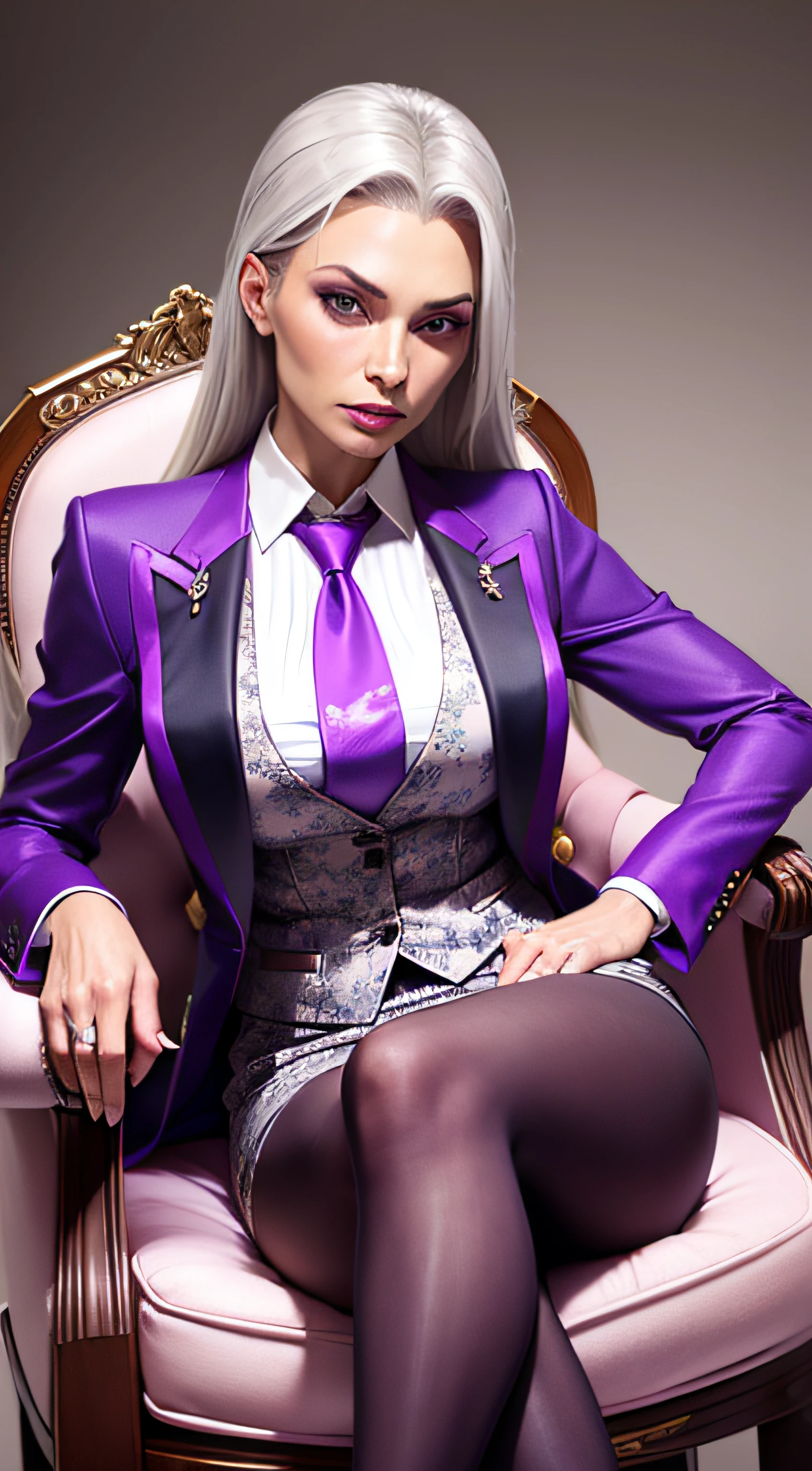 1 woman, SFW, perfect lighting, seios grandes,
gray hair
Sindel's Hair
long hair pulled back
Long, straight hair back
multicolored hair,
Sindel, 8k, perfect hands,((obra-prima)), purple skirt suit, satin suit and tie, (((three-piece suit))), silk dress shirt, shirt and tie, silk floral necktie, ((floral blazer)), ((suit jacket)), open jacket, ((waistcoat)), bodycon miniskirt, tights, pocket square, tie clip, | |
microvestido, MILF, sitting on throne, queen, empress, crossed legs, high class, sneer, disgust, holding wine glass