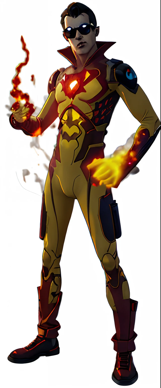 Arsonist supervillain man creating explosions, vestindo um traje preto, granadeiro, aviator glasses, tactical bodysuit, inspired by DC's firefly villain