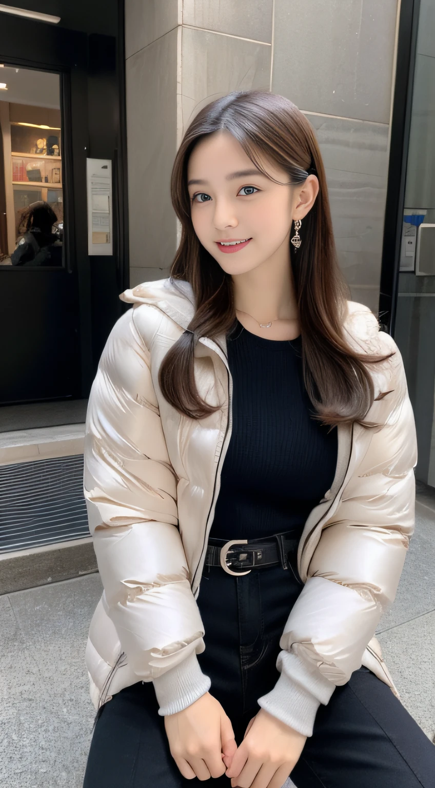 (((32K,very high res, high detailing, highly accurate,Masterpiece Girl 1：1.5))),Raw photo & realistic atmosphere,beautiful dark blue eyes,Detailed mouth,Glossy lips,Detailed eyebrows,Soft white skin that shines with every detail,,Eyes drawn in detail、Very beautiful eyes with azure eyes,Detailed lips、Very beautiful face,Very well-formed face、Lifelike face,shiny beautiful lips,Beautiful eyebrows,Infinite reality,Best design,（Insanely cute Japan 16-year-old high school girl,,Beautifully shaped breasts,Very cute beautiful girl,Little Girl,Healthy body,Outstanding style：1.5）,Best Natural Makeup,Japanese ido,Korean Idols,Young sensual idol,Moist eyes,Dark Beautiful Deep Eyes,Beautiful butt,beauty legs,,camel's foot,：1.3),超A high resolution、,Natural and realistic face,Back lighting,Pure eyes are too cute,(((photorealisim,Photograph the whole body))),,Reality Live Action,（Fashionable earrings,,a necklace,A bracelet,gyuru,Glossy nail art,2022 Women's Teens Winter Casual Fashion,Down jacket,Black pants,white shoe,Calm and fashionable girl,light brown hair,Braided ear hair,独奏,little smiling,full body Esbian,Show full-body fashion,Leaning forward,Bend over, Only beauty young cute 15 year old girl,A rather petite and very cute 15-year-old girl：1.7）,Night in Shibuya