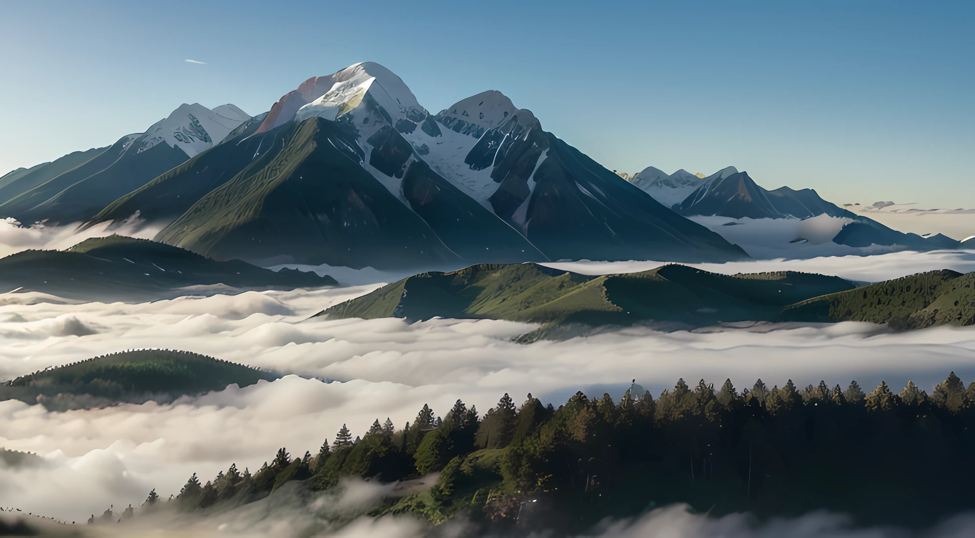 In front is a green forest. Behind is a mountain range. surrounded by fog