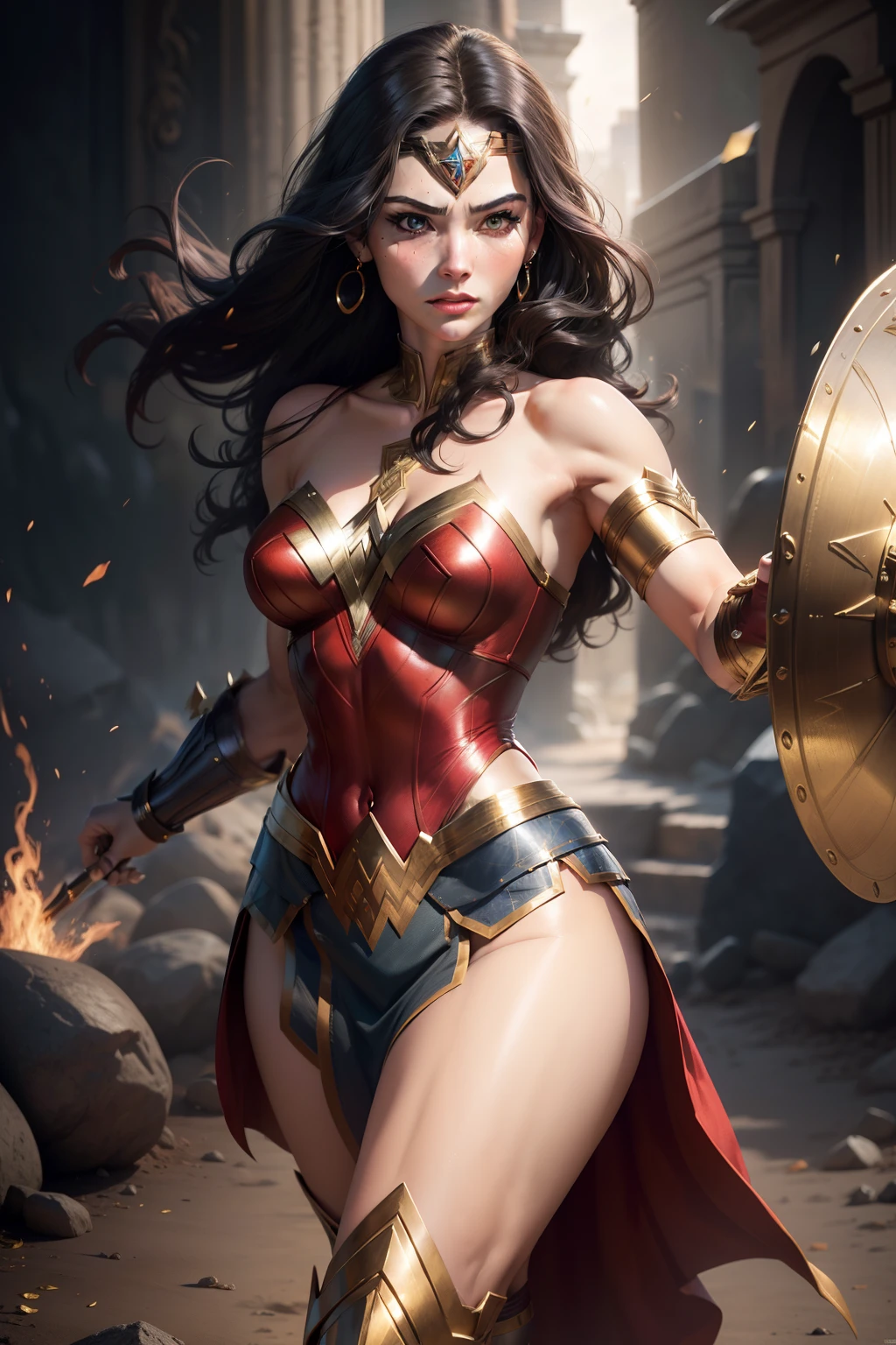 Generate a masterpiece in the best quality, achieving a photorealistic and cinematic appearance with ultra-detailed features, rendered in 8k resolution. The composition should be a wide shot, capturing Wonder Woman's full body in a dynamic and powerful pose.
The central figure is Wonder Woman. She wears a meticulously designed attire that reflects her iconic warrior image. The bodice is snug and durable, colored in deep red with intricate gold accents. The gold accents form a prominent "W" on her chest, symbolizing her title and identity.
Her outfit includes a blue skirt that reaches mid-thigh, engineered for optimal movement and practicality in battle. The skirt boasts gold trim and layered details, achieving both elegance and functionality on the battlefield.
Accentuating her fierce appearance, Wonder Woman dons gold bracelets that possess the ability to deflect attacks. These gauntlets, also gold, provide protection for her forearms and contribute to her warrior aesthetic.
On her feet, she wears golden sandals with ankle and calf straps. These sandals are designed for comfort and shock absorption, while intricate Amazonian patterns are engraved into the gold, marrying style with utility.
Perched above her eyes is a gold tiara adorned with a star-shaped emblem. This tiara is a representation of hope and her royal standing, further emphasizing her strength and guidance