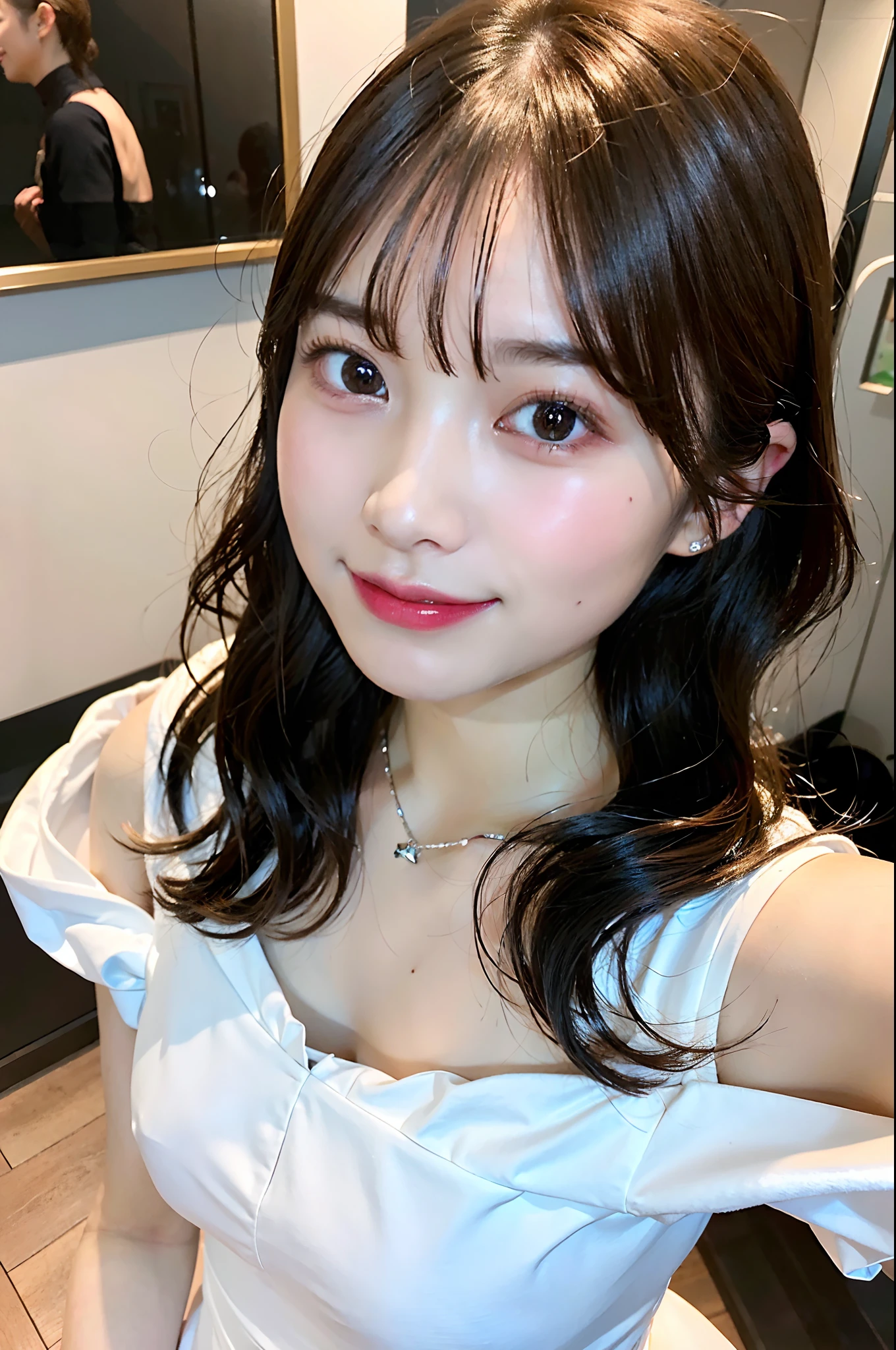 （1girll:1.2），(8K, Best Quality, tmasterpiece), (Realistic, Photorealsitic:1.37), ultra - detailed, adolable, solo, Adolable Japanese women,brown haired,By bangs, Curly, Hair on the shoulders, beautiful and delicate eyes,Eyes speak，long eyelasher, ssmile，Moisturizes skin,V Neck White Lace Dresagnificent view，Evocative，so sexy，Bright sunshine、Detailed background、