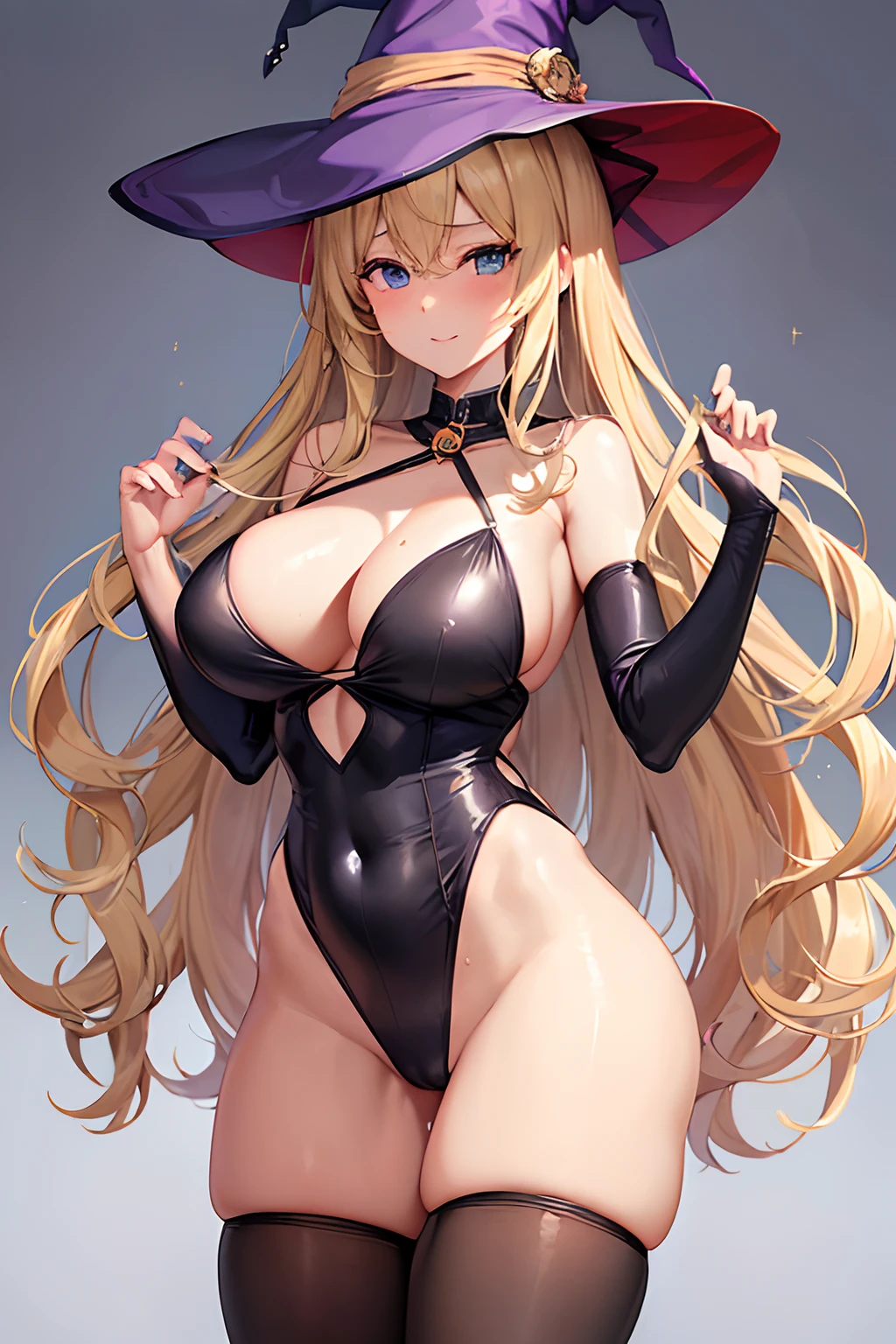 high-level image quality、top-quality、Beautuful Women、1 persons、ssmile、embarassed expression、pony tail hair、swim wears、knee high、Halloween Party、Halloween Cosplay、cinematlic lighting、Beautiful and perfect legs, Clean and perfect hands、Lots of jack-o'-lanterns,large full breasts, ((1 Beautiful Witch)), ((Blonde hair, long wavy hair with bangs,,,,,,,,,,,,,,,,)) (((Witch 1 person, Soio))) )) (()) blue eyes, Have a very sexy body, Narrow waist, And a very sexy body,(thighs thighs thighs thighs:1.45)、(large full breasts:1.4)、(barechested:1.1)