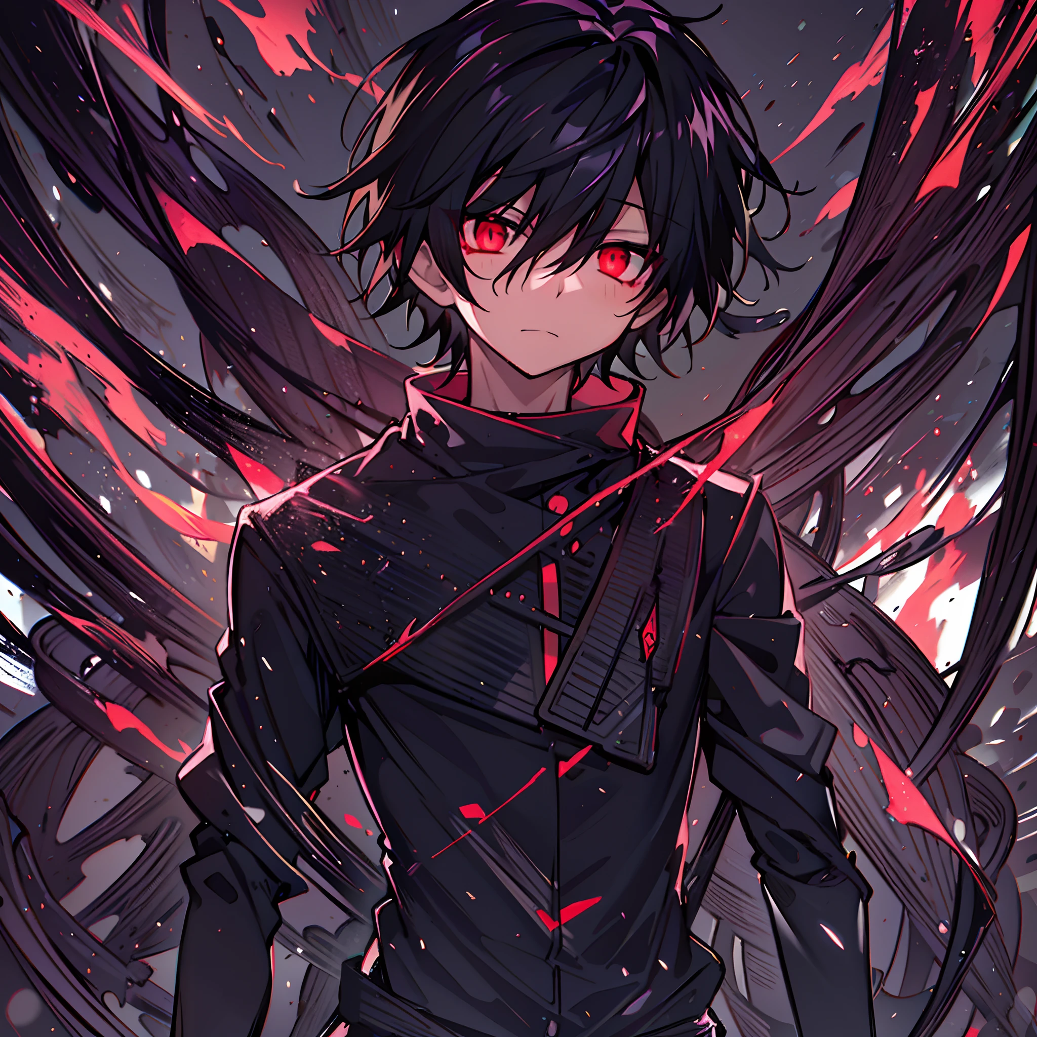hight resolution,Anime boy with black hair and red eyes staring at camera, Glowing red eyes,slim, dressed in a black outfit,Shadow Body,Brown skin,monochromes,hair messy,Straight face,Diagonal angle