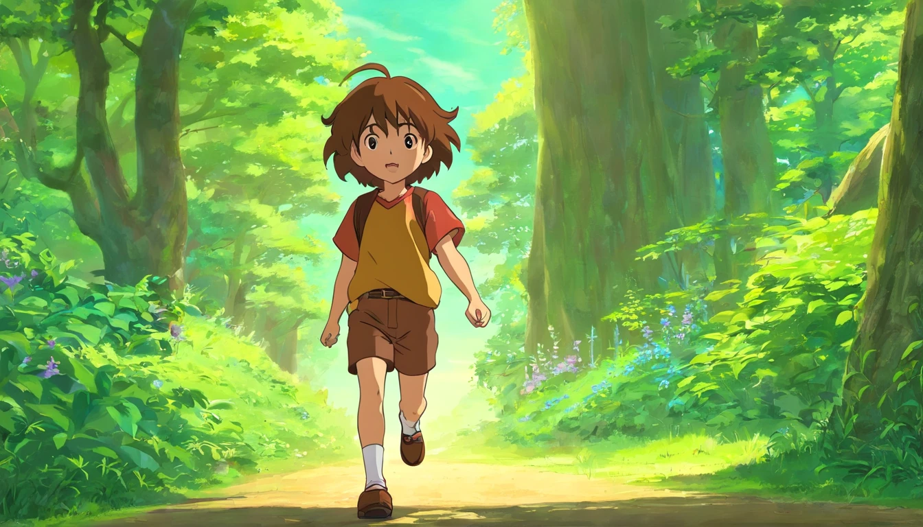 menino de 5 anos, olhar meigo, camiseta branca, Brown shorts above the knees, sapato marrom, cabelo curto e preto, olhos cor de caramelo, andando pela linda floresta com uma pequena vila ao fundo da imagem