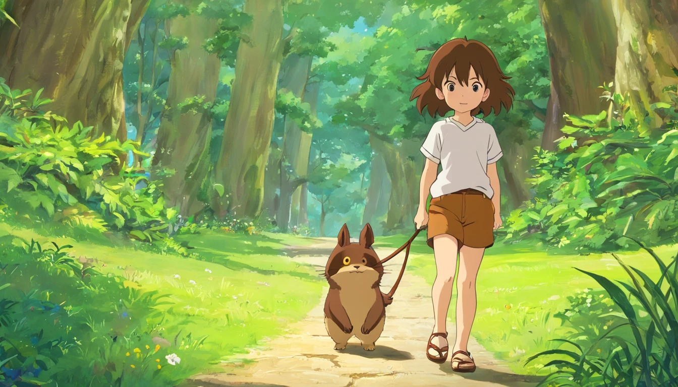 menino de 5 anos, olhar meigo, camiseta branca, Brown shorts above the knees, sapato marrom, cabelo curto e preto, olhos cor de caramelo, andando pela linda floresta com uma pequena vila ao fundo da imagem