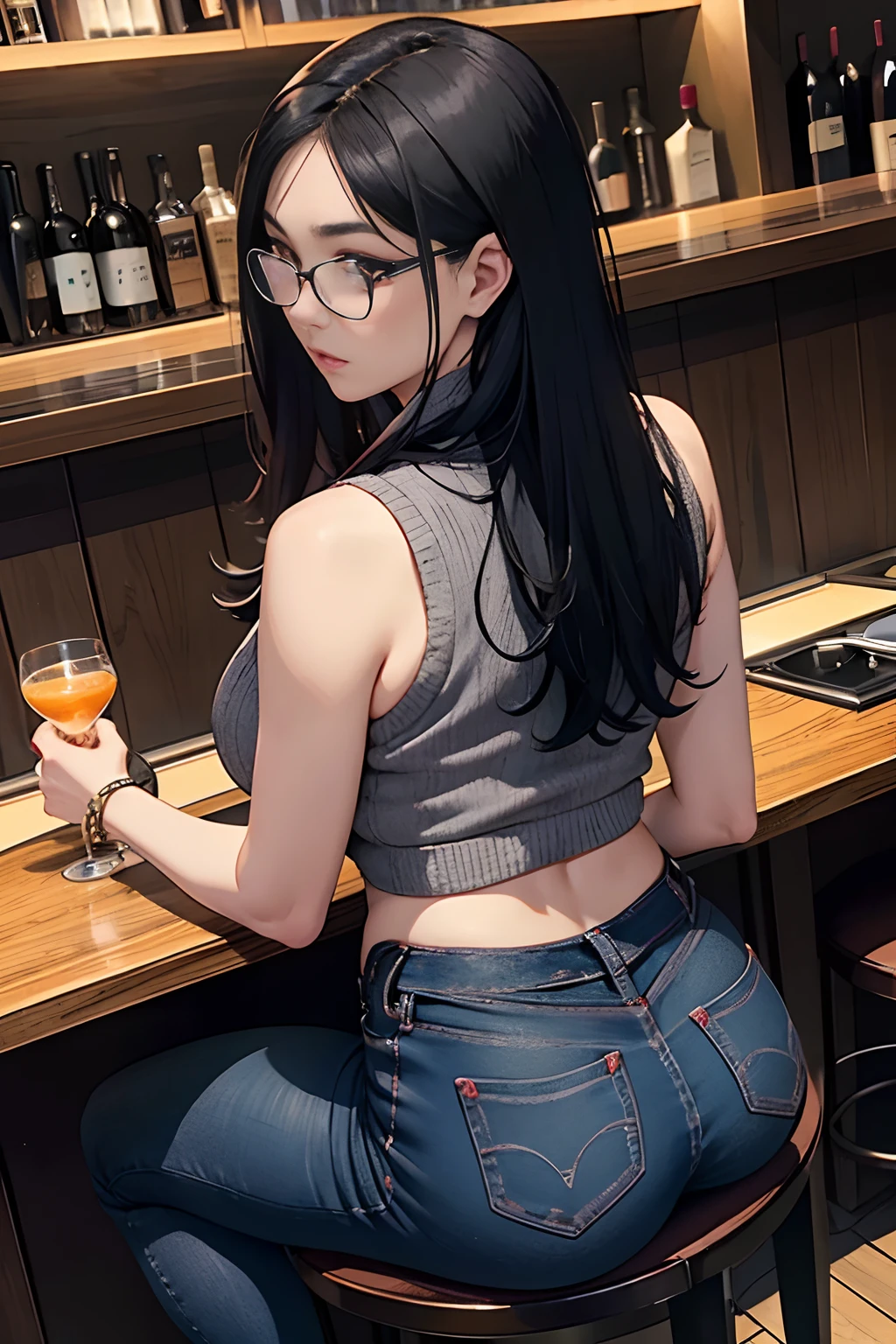 japanes OL 、A dark-haired Longhaire、eye glass、Sleeveless Gray knitwear、high-waisted Blue jeans、Wearing black high heels、Colossal tits、gargantuan butt、Moody BAR natta、Wearing Wedding Rings wrist watch、embarassed face、Take a seat at the counter Holding a cocktail glass