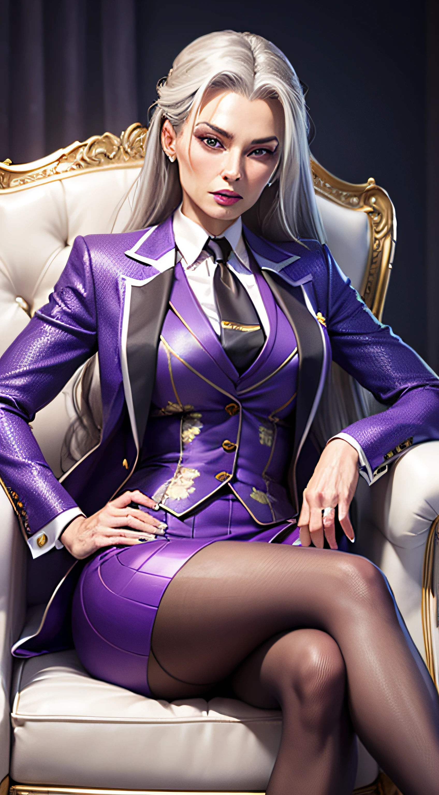 1 woman, SFW, perfect lighting, seios grandes,
gray hair
Sindel's Hair
long hair pulled back
Long, straight hair back
multicolored hair,
Sindel, 8k, perfect hands,((obra-prima)), purple skirt suit, satin suit and tie, (((three-piece suit))), silk dress shirt, shirt and tie, silk floral necktie, ((floral blazer)), ((suit jacket)), open jacket, ((waistcoat)), bodycon miniskirt, tights, pocket square, tie clip, | |
microvestido, MILF, sitting on throne, queen, empress, crossed legs, high class, sneer, disgust