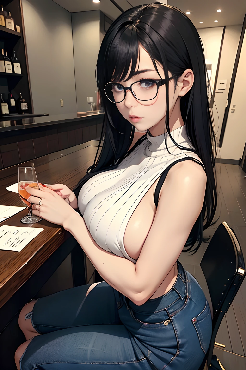 japanes OL 、A dark-haired Longhaire、eye glass、Sleeveless Gray knitwear、high-waisted Blue jeans、Wearing black high heels、Colossal tits、gargantuan butt、Moody BAR natta、Wearing Wedding Rings wrist watch、embarassed face、Take a seat at the counter Holding a cocktail glass