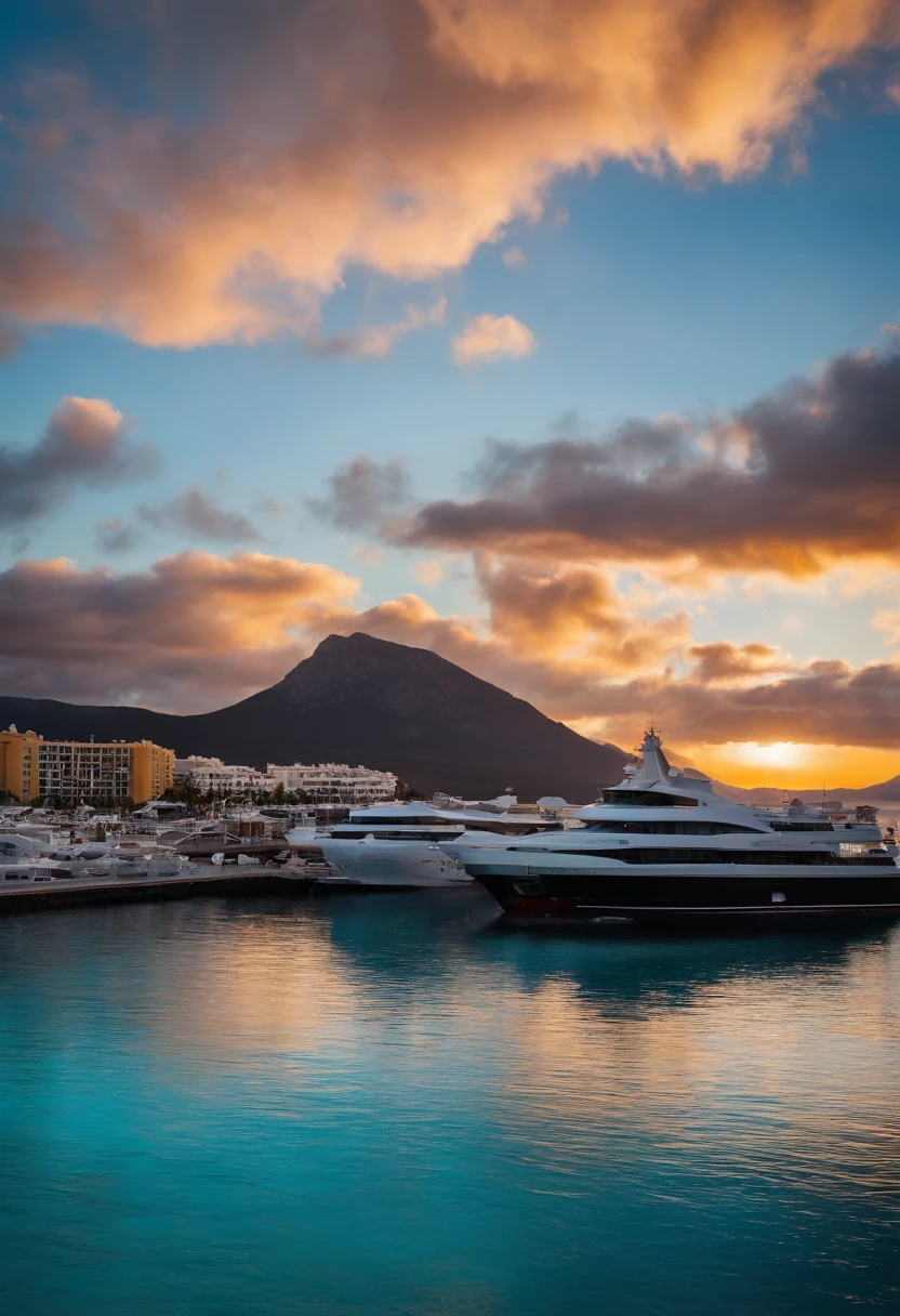 Arafed yachts docked in a harbor at sunset with a mountain in the ...