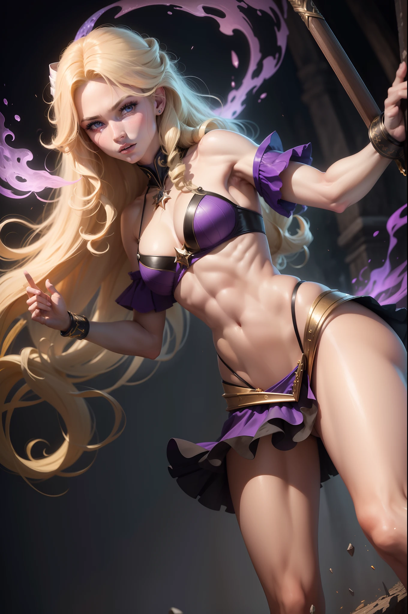 (8K,Photorealsitic　Raw photography　top-quality;1.4) 　(1girl in)　Super beauty　(Lifelike face)　Muscular and macho female body　(Blonde with long curls)　Hold up a black and red magic wand　combat scene　Magic hat with black and purple and gold exterior　Beautiful expression　glareing　(real looking skin)　(sorcerer)　enticing　超A high resolution　A hyper-realistic　high detal　fully body photo　ruins