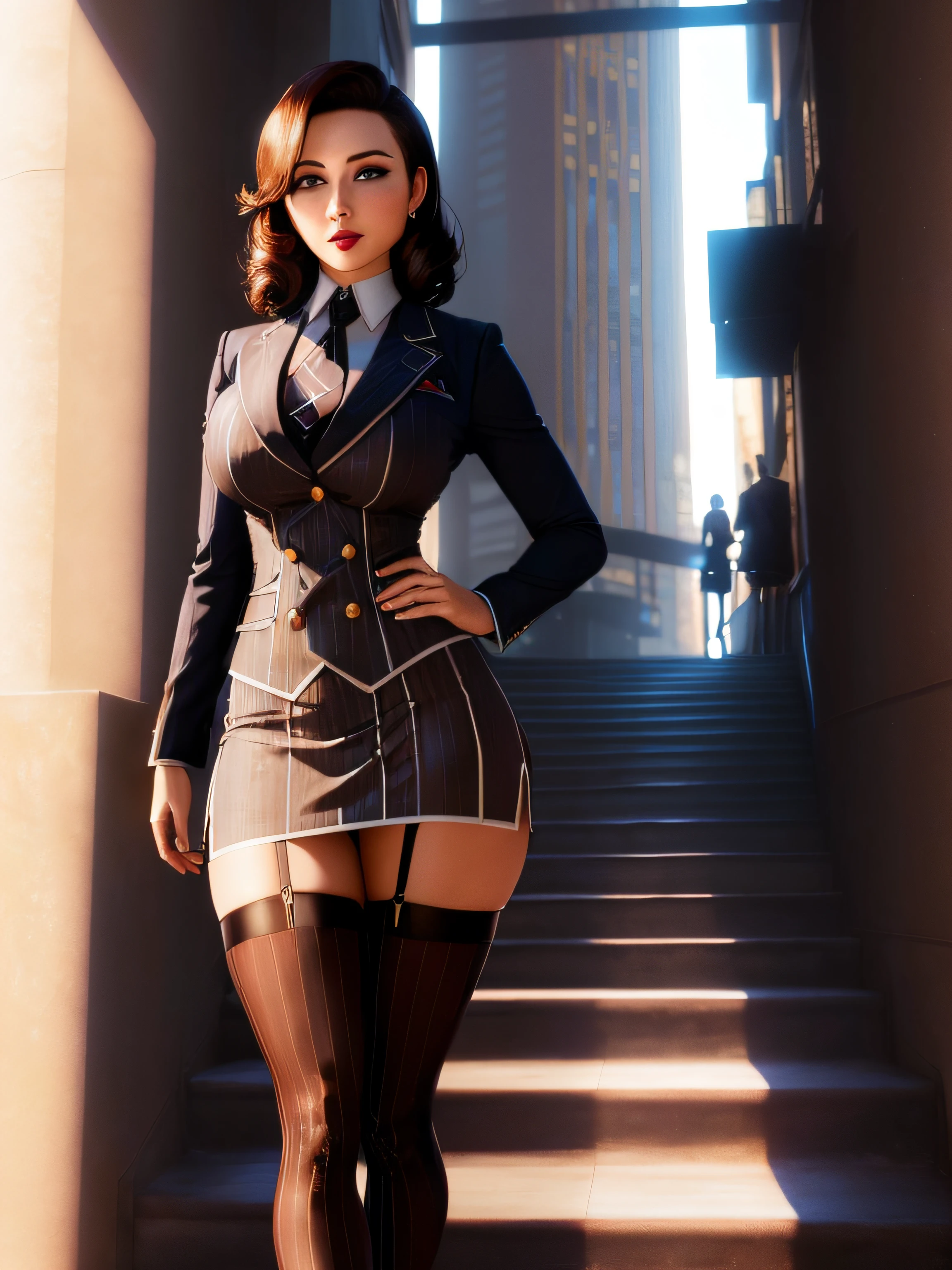 Elizabeth comstock, (heroine uniform: 2), big breasts, serious look, epic pose, heroic, red lipstick, (8k, RAW photo, best quality, masterpiece:1.2),ultra-detailed, (high detailed skin:1.2), 8k uhd, dslr, soft lighting, high quality, (skirt suit, suit and tie, (((three-piece suit))), silk dress shirt, shirt and tie, necktie, ((blazer)), ((suit jacket)) ((waistcoat)), ((bodycon miniskirt)), pantyhose, tights, stockings, ((pinstripe suit)), high heels, tie clip, pocket square, tailored suit,) (walking up the stairs: 2),