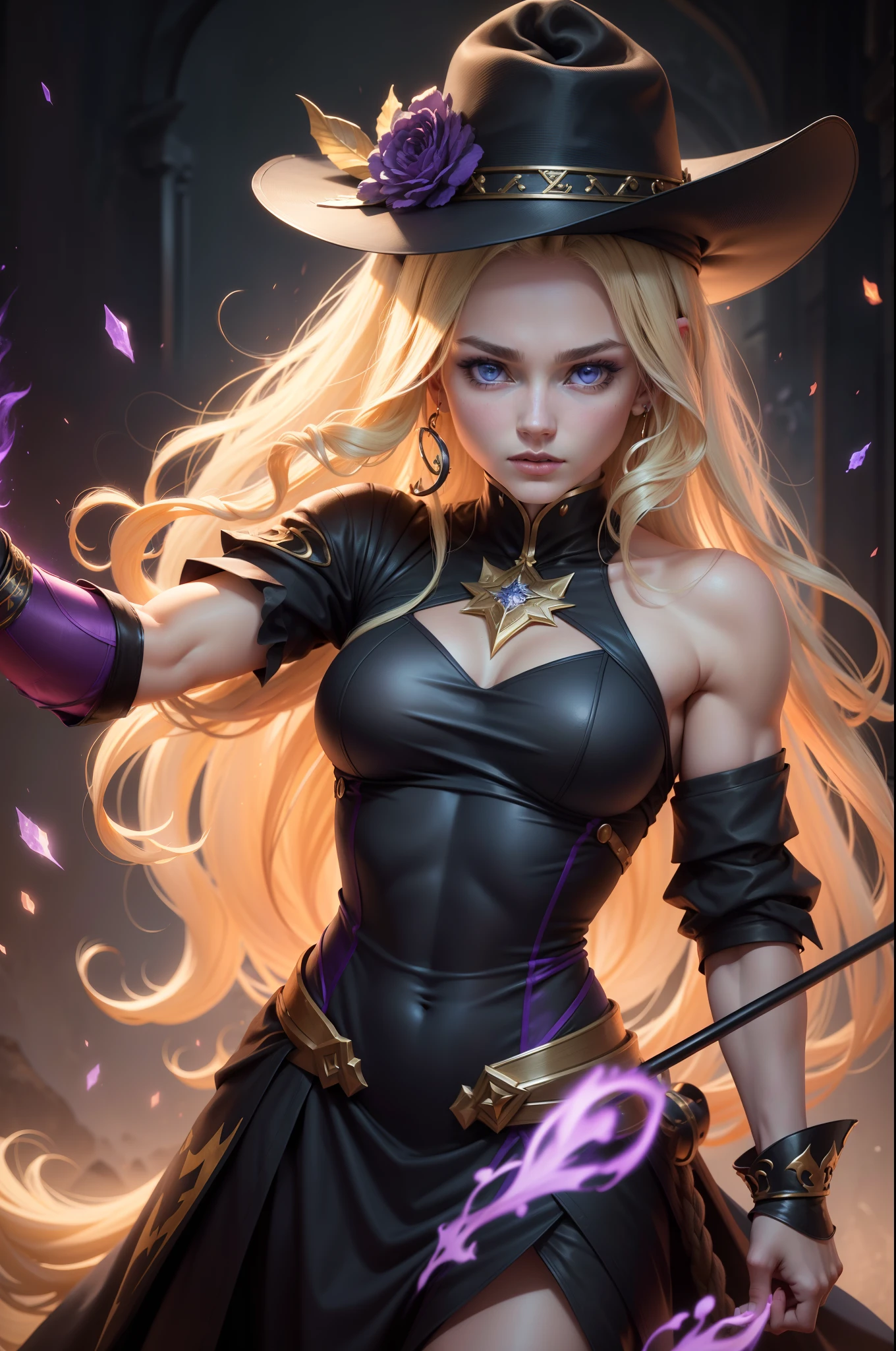 (8K,Photorealsitic　Raw photography　top-quality;1.4) 　(1girl in)　Super beauty　(Lifelike face)　Muscular and macho female body　(Blonde with long curls)　Hold up a black and red magic wand　combat scene　Magic hat with black and purple and gold exterior　Beautiful expression　glareing　(real looking skin)　(sorcerer)　enticing　超A high resolution　A hyper-realistic　high detal　fully body photo　ruins