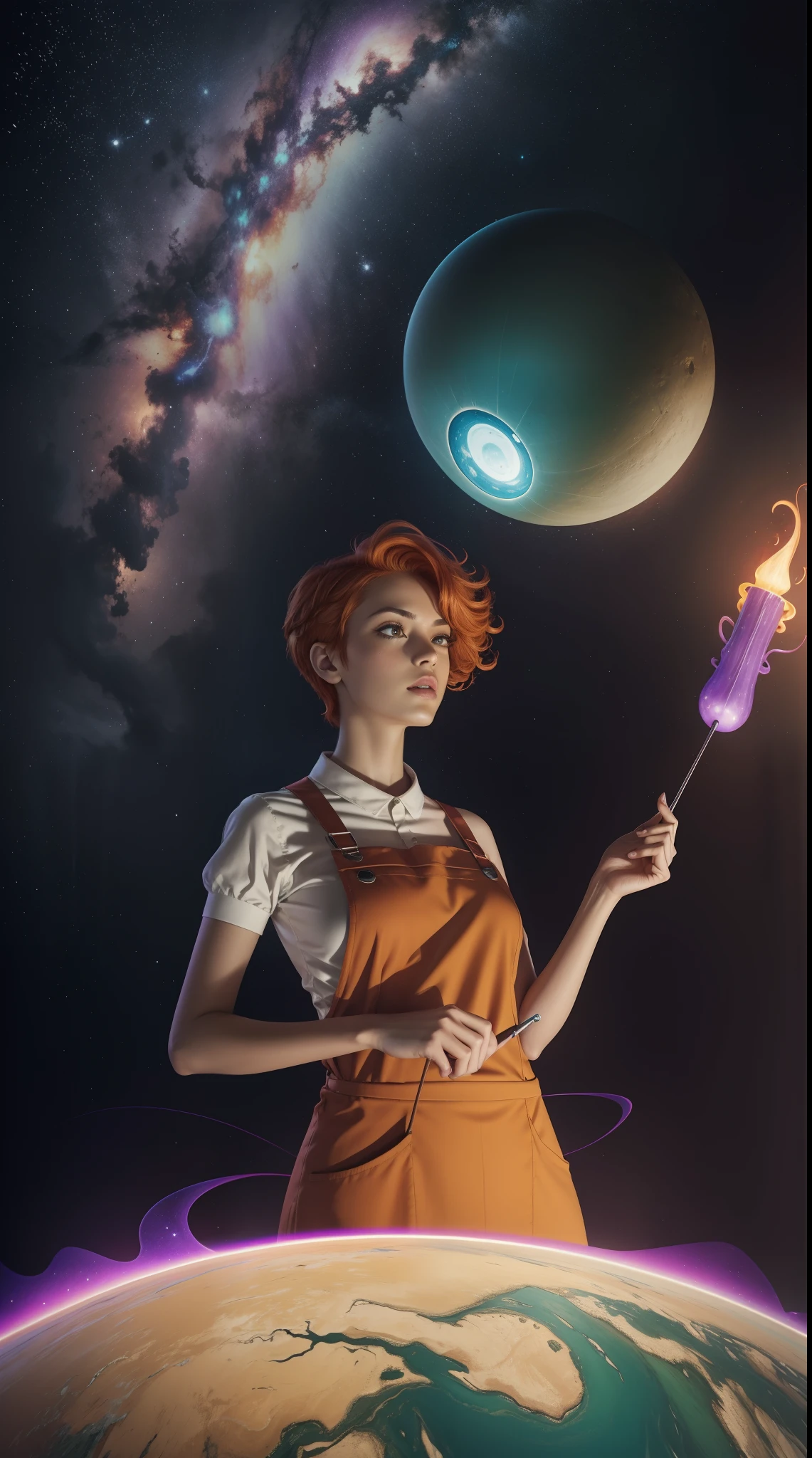 concept art, overhead angle of a Will-o'-the-wisp, wearing Funny Somali Emerald deep orange Pinafore, Caramel hair styled as Short hair, fluorescent purple Hair tie, equirectangular 360, Highres,  [(art by Willi Baumeister:1.1), (art by John T. Biggers:1.2)::17], official art, unity 8k wallpaper, ultra detailed, aesthetic, masterpiece, best quality, photorealistic