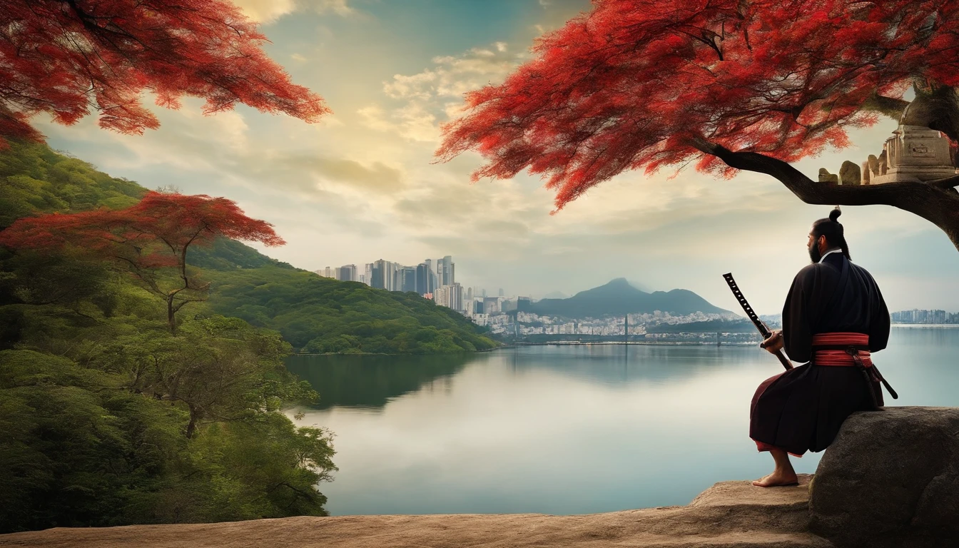 mestre samurai e seu discipulo observando um rio