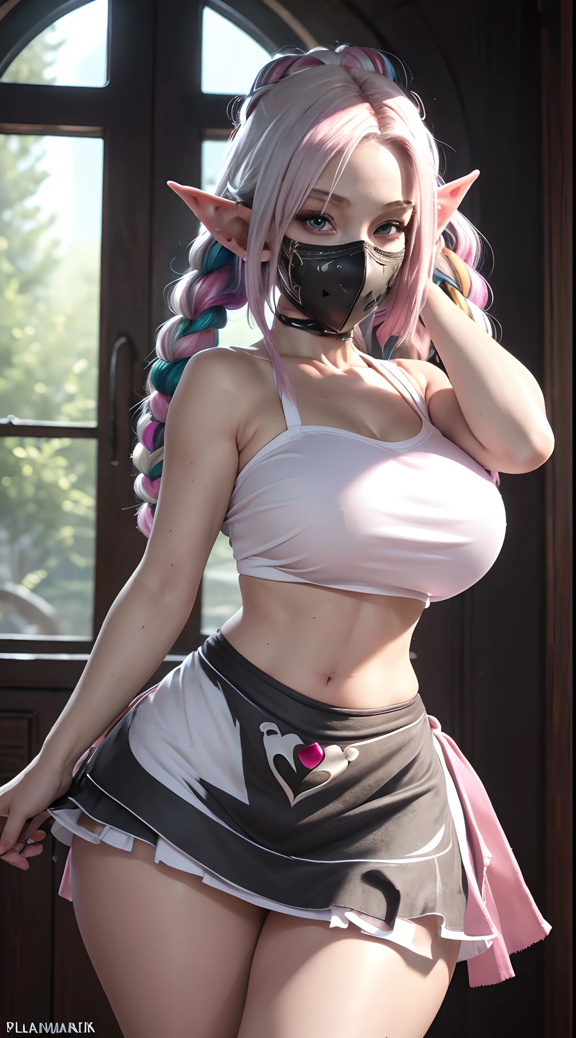 (masterpiece, best quality, ultra-detailed, 8K),(elf),(perfect female body, thicc hips),slim,abs,hourglass body shape, (multicolored hair,pink/platinumblonde hair),braids, goddess,dark cellar,nsfw,lewd,(bloody apron,friday the 13th hockeymask),