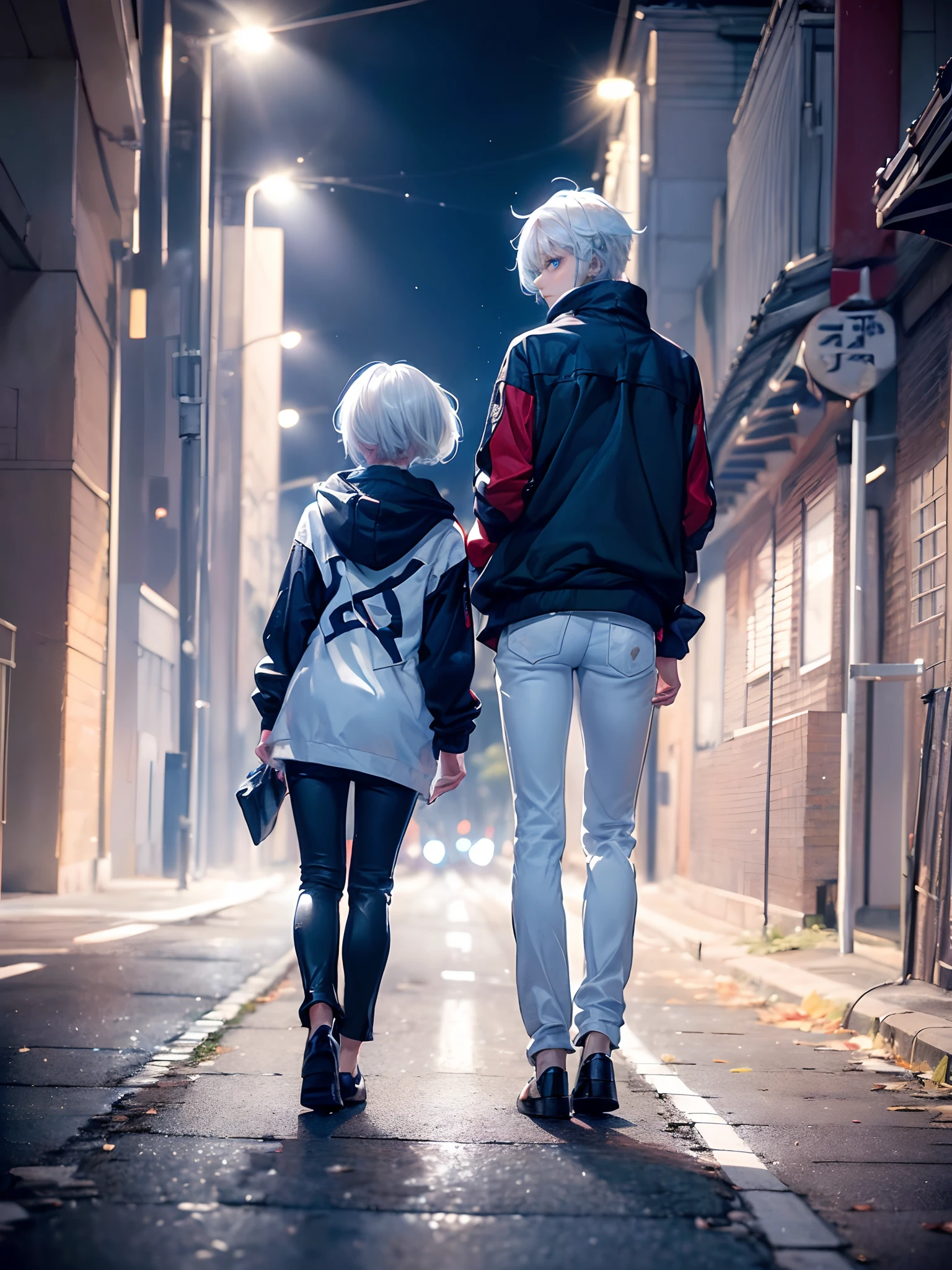 ((4K works))、masterpiece、(top-quality)、One Beautiful Girl、Slim body、tall、((Black Y-shirt and white pants、Charming street style))、Please wear one jacket、Wearing a hood to hide his face、(Detailed beautiful eyes)、Midnight Walk、During the walk、Walking under a dark sky、saddened、suffocating、desolate、solitude、Unhappy、((Face similar to Carly Rae Jepsen))、((Short-haired white hair))、((Smaller face))、((Neutral face))、((Bright blue eyes))、((American adult women))、((Adult female 26 years old))、((cool lady))、((Like a celebrity))、((Korean Makeup))、((elongated and sharp eyes))、((Happy dating))、((boyish))、Professional Photos、((Shot alone))、((He is on a walk))、((He is walking in front of the viewer))、((shot from back))、((photographed from the back))、((Photograph of the back of the head))