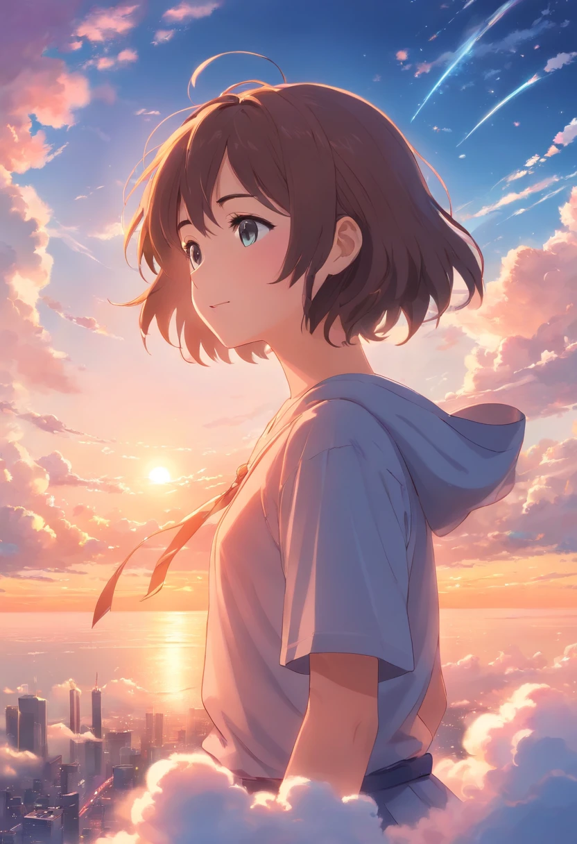 masterpiece, best quality, movie still, 1girl, cloud girl, floating in the sky, close-up, bright, happy, warm soft lighting, sunset, (sparks:0.7)