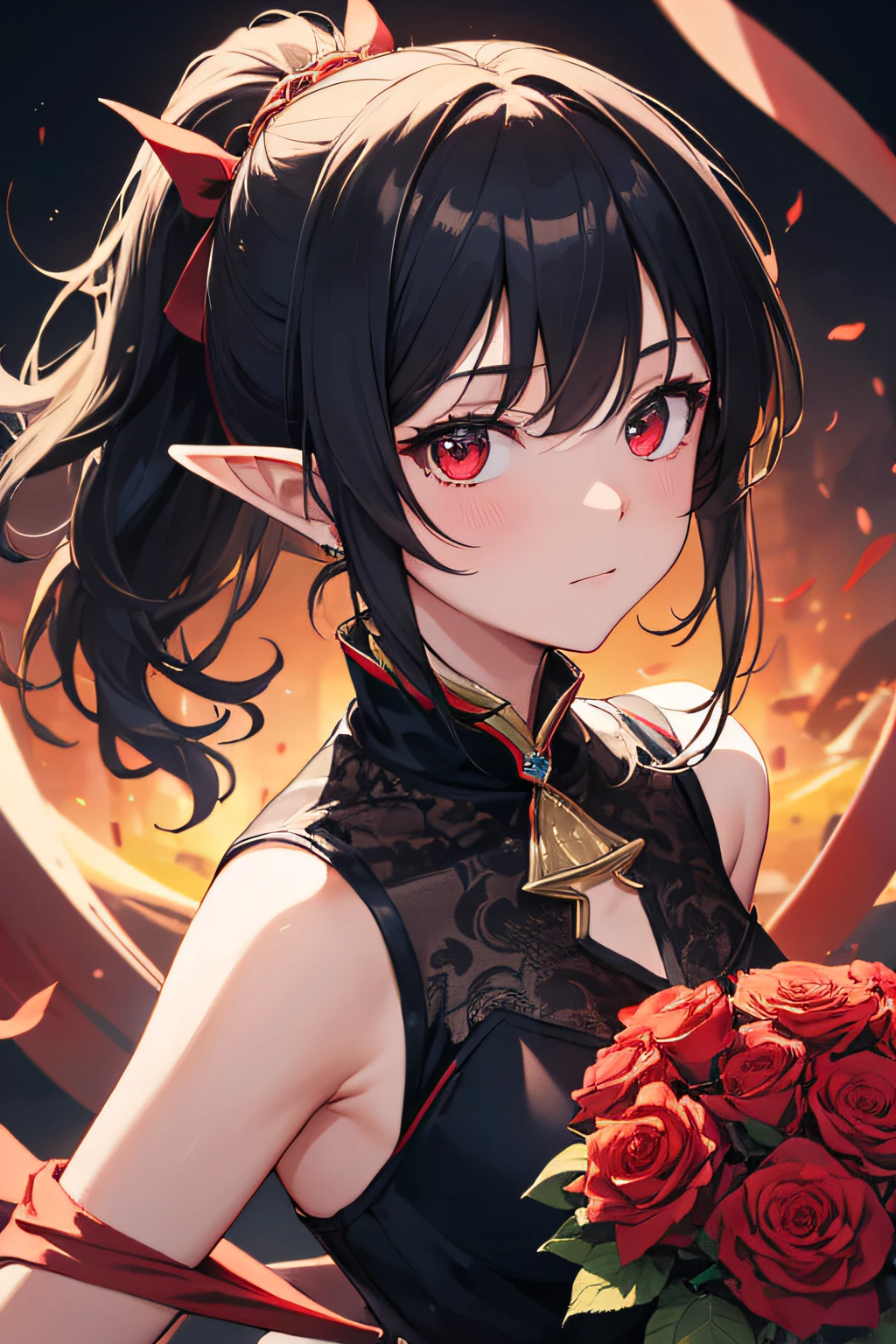 masterpiece, best quality, highres, 1girl, black red dress like princess, wearing a noble's dress, elegant dress, princess, elf, long hair, outdour, background red dark flower, ponytail, hair tied with a rope with red dice accessories, red eye, 20age, anime style, black hair with red inside, loking forward, loking at camera, loking at viewer, closeup