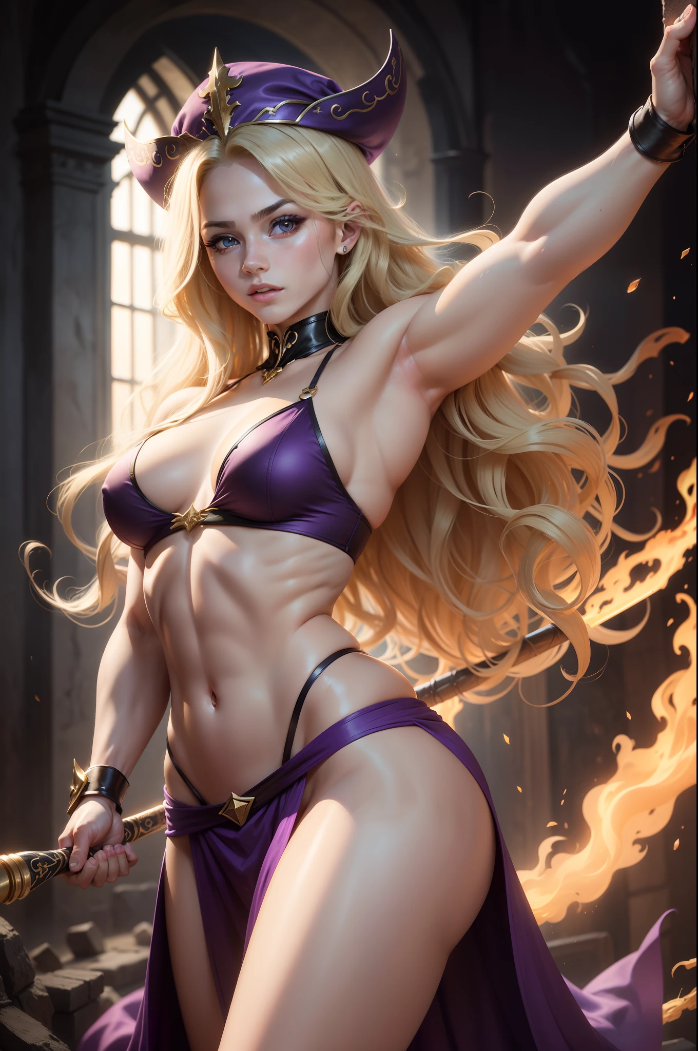 (8K,Photorealsitic　Raw photography　top-quality;1.4) 　(1girl in)　Super beauty　(Lifelike face)　Muscular and macho female body　(Blonde with long curls)　Hold up a black and red magic wand　combat scene　Magic hat with black and purple and gold exterior　Beautiful expression　glareing　(real looking skin)　(sorcerer)　enticing　超A high resolution　A hyper-realistic　high detal　fully body photo　ruins