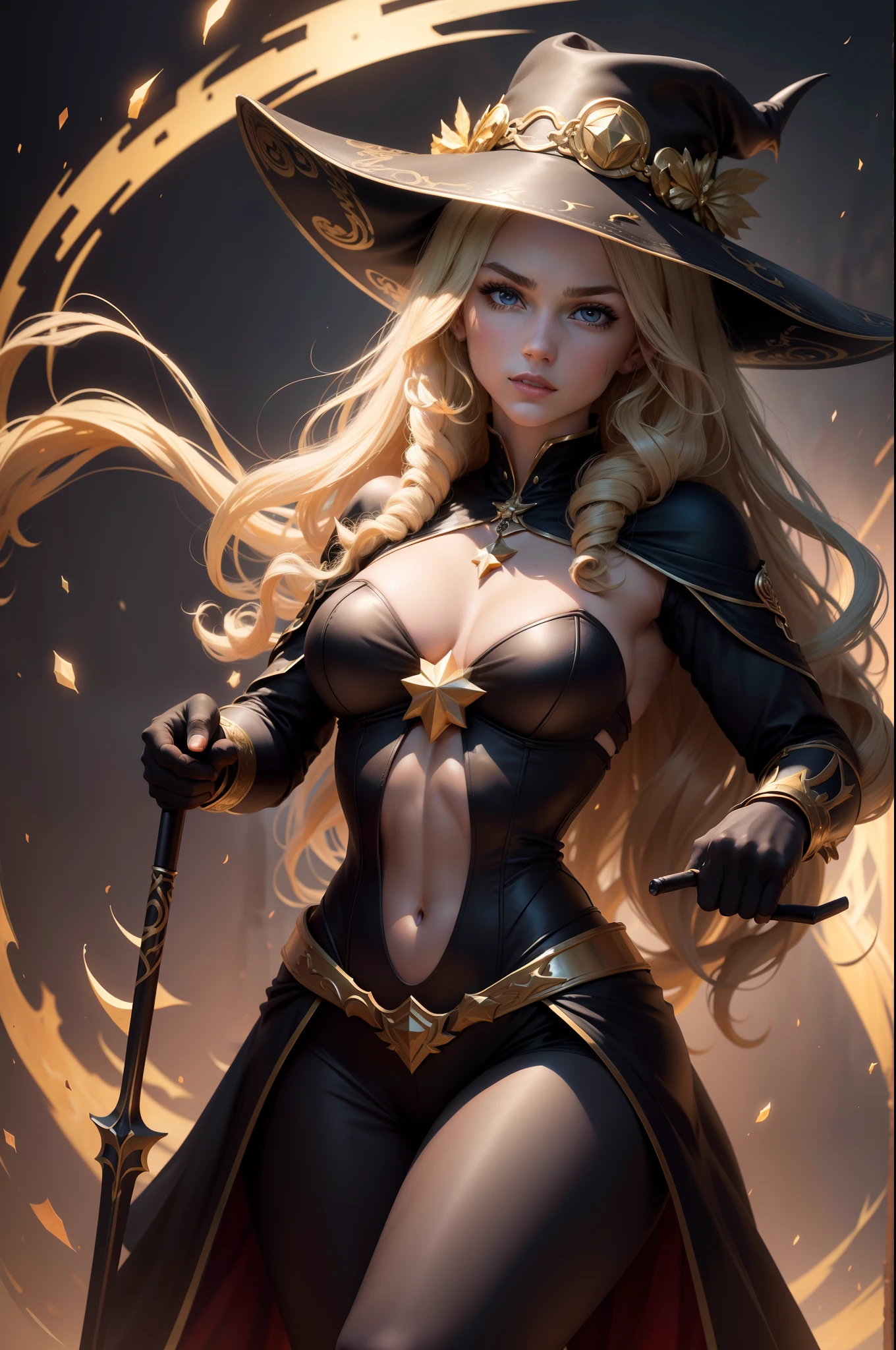 (8K,Photorealsitic Raw photography top-quality;1.4) (1girl in) Super beauty (Lifelike face) Muscular and macho female body (Blonde with long curls) Hold up a black and red magic wand combat scene Black and gold exterior and magic hat Beautiful expression glareing (real looking skin) (sorcerer) enticing 超A high resolution A hyper-realistic high detal fully body photo ruins
