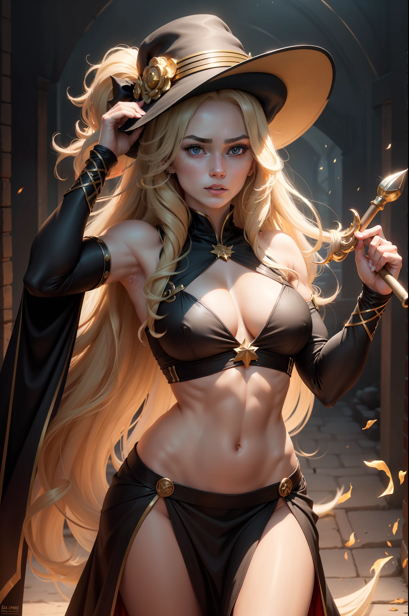 (8K,Photorealsitic　Raw photography　top-quality;1.4) 　(1girl in)　Super beauty　(Lifelike face)　Muscular and macho female body　(Blonde with long curls)　Hold up a black and red magic wand　combat scene　Black and gold exterior and magic hat　Beautiful expression　glareing　(real looking skin)　(sorcerer)　enticing　超A high resolution　A hyper-realistic　high detal　fully body photo　ruins
