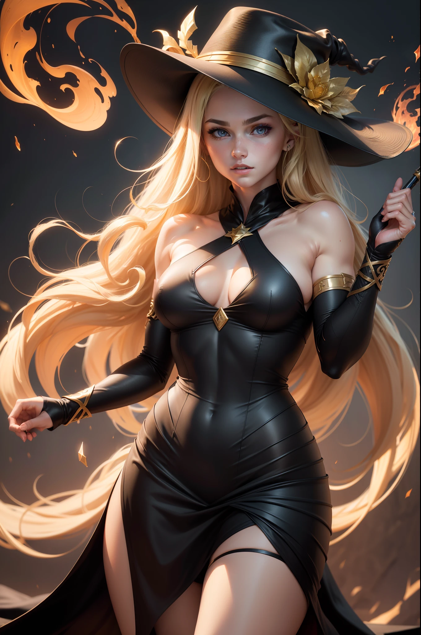 (8K,Photorealsitic　Raw photography　top-quality;1.4) 　(1girl in)　Super beauty　(Lifelike face)　Muscular and macho female body　(Blonde with long curls)　Hold up a black and red magic wand　combat scene　Black and gold exterior and magic hat　Beautiful expression　glareing　(real looking skin)　(sorcerer)　enticing　超A high resolution　A hyper-realistic　high detal　fully body photo　ruins
