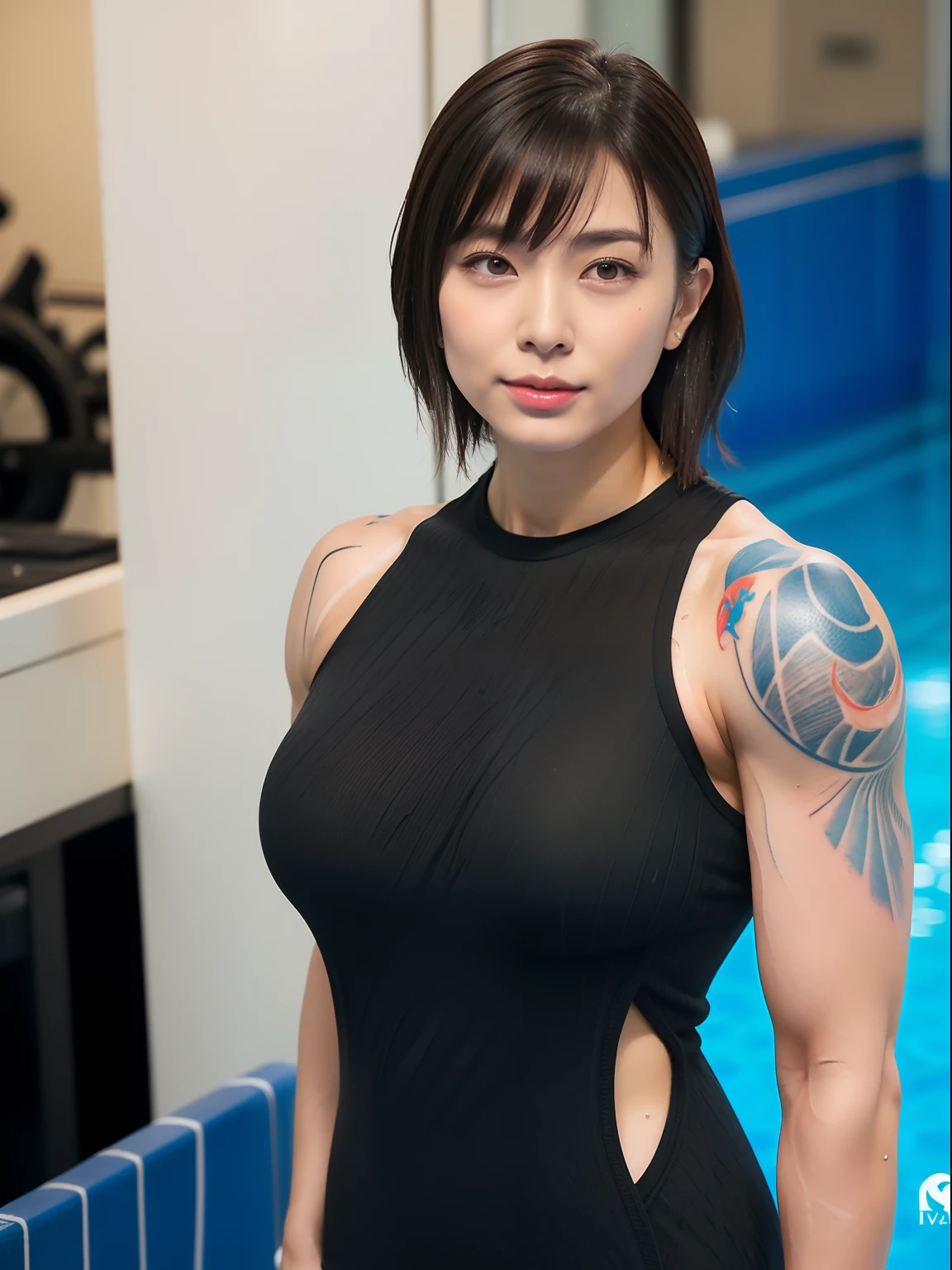 Woman walking by the pool、((Full body shot:1.3))、People with Japan、((Muscular woman like male bodybuilder:1.8))、Thick arms with sculpted muscles:1.3、Sculpted muscular thick thighs:1.3、((Japanese pattern tattoo:1.3))、beautifull asian girl ever、(Super huge:1.4)、full body Esbian、clong legs、soaked、ulzzang -6500-v1.1, (Raw photo:1.2), (Photorealsitic), a beautiful detailed girl, extremely detailed eye and face, beatiful detailed eyes, huge filesize, hight resolution, ighly detailed, top-quality, [​masterpiece:1.6], illustratio, ighly detailed, nffsw, finely detail, top-quality, 8k wallpaper, Cinematographic lighting, 1girl in, 17 age, perfect body type, Big breasts with tension、Colossal tits、heavy breasts、Cute drooping eyes、Beautiful big eyes、Lori face、Sweaty and wet、(the whole body is wet:1.2)、Light in the eyes、short-hair、hi-school girl、(Japan Black Body Con Dress、black bodycon dress、Black Japan Bodycon Dress:1.3)、swimming pools、dynamicposes(Photoreal: 1.4), (Hyper-realistic: 1.4), (Realistic: 1.3), (Smooth lighting: 1.05), (Improved cinematic lighting: 0.9), 32K,  Realistic lighting, Backlight, Face Light, raytrace, (Whitening light: 1.2), (Image enhancement: 1.4), ( Top quality real skins: 1.4), (Body Line Mood Increase: 1.1), (Skin Texture Enhancement Beauty: 1.1),