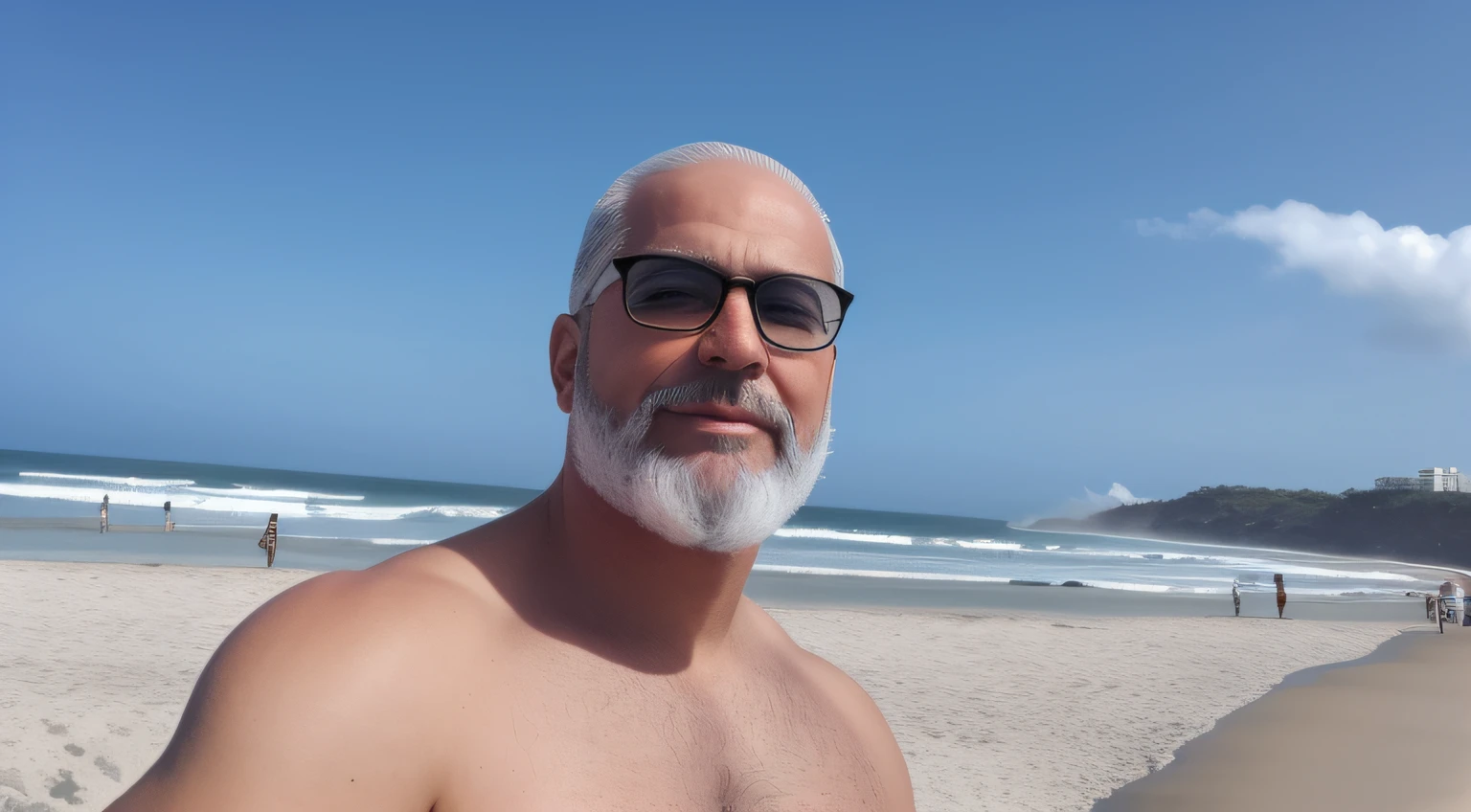 There's a man with glasses and a beard on the beach, cabelos compridos, cor branco