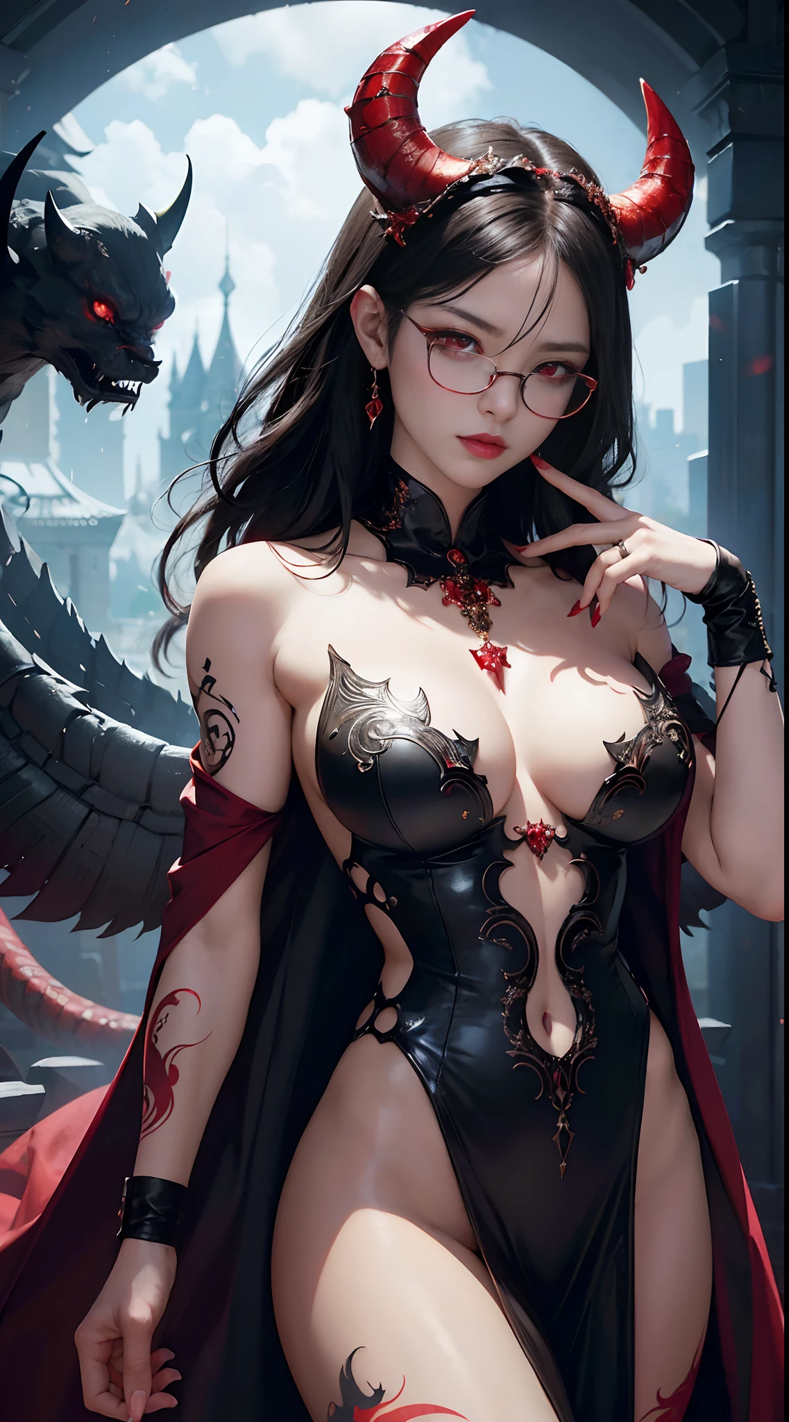 Fine、(The best illustrations)、8k UHD resolution、intricate-detail、top-quality、realisitic、ultra-detailliert、The best lighting、Best Shadows、Soft lighting、Ulutra HD、1 beautiful devil woman from hell, surreal female portraits by David Hockney and Alphonse Mucha, Fantasy Art, Chinese Doll、Dungeon and Dragon、Devil's Palace、Devil's Torture Chamber、magia、 A Necromancer、natta、Dark style、Succubus、Devil's Daughter、Bat Wings，(((Demon Horns)))、((((black-rimmed round glasses))))、(((Colossal tits)))、(Devil's Tail)、(red eyes glowing:1.6)、 intricate tattoos, demonic intricate tattoos, thigh tattoos, body tattoos, ​masterpiece、beautiful countenance、Muscular seductive body、The enchanting body of the devil、Seductive Black Magic Costume、A shiny red snake is wrapped around her hand、Tindall Effect、photos realistic、(High Detail Skins:1.2)、 (Intricate details, makeup, pureerosface_v1:0.5), (Detailed beautiful delicate face, Detailed beautiful delicate eyes, A perfectly proportioned face, High detailed skin, Detailed skin, best ratio four finger and one thumb, arms below breasts, Tattoo with a red glow under the stomach、Awesome awesome, wide hips, smooth midriff, skiny and thin, __Fashion__, __hair__:1.25)、Digital SLR、hightquality、a picture、hight resolution、 absurderes、Ponytail distortion、女の子1人、Red sparkling gemstone necklace、jewely、Beautiful expression、Body Up、Large breasts emphasis、Toned waist、Wide buttocks、Devil's Tail、intricate tattoos, demonic intricate tattoos, thigh tattoos, body tattoos, effect、Photorealsitic、(High Detail Skins:1.2)、In the Dark, lowkey, cowboy lens, (Black Phoenix Dress: 1.0), Seductive Black Magic Costume、Long hair, Black hair, Bust, Devil's Palace, devil crown, red eyes make up very sharp and detailed, The most beautiful face, Super tight breasts, Breast augmentation surgery, The breasts are very big and round and round, Black magic costume、Super realistic , Charming smile, The eyes are very well made up, ((Red Eye:1.0)), guweiz, devil style,Muscular seductive body、 wearing black m