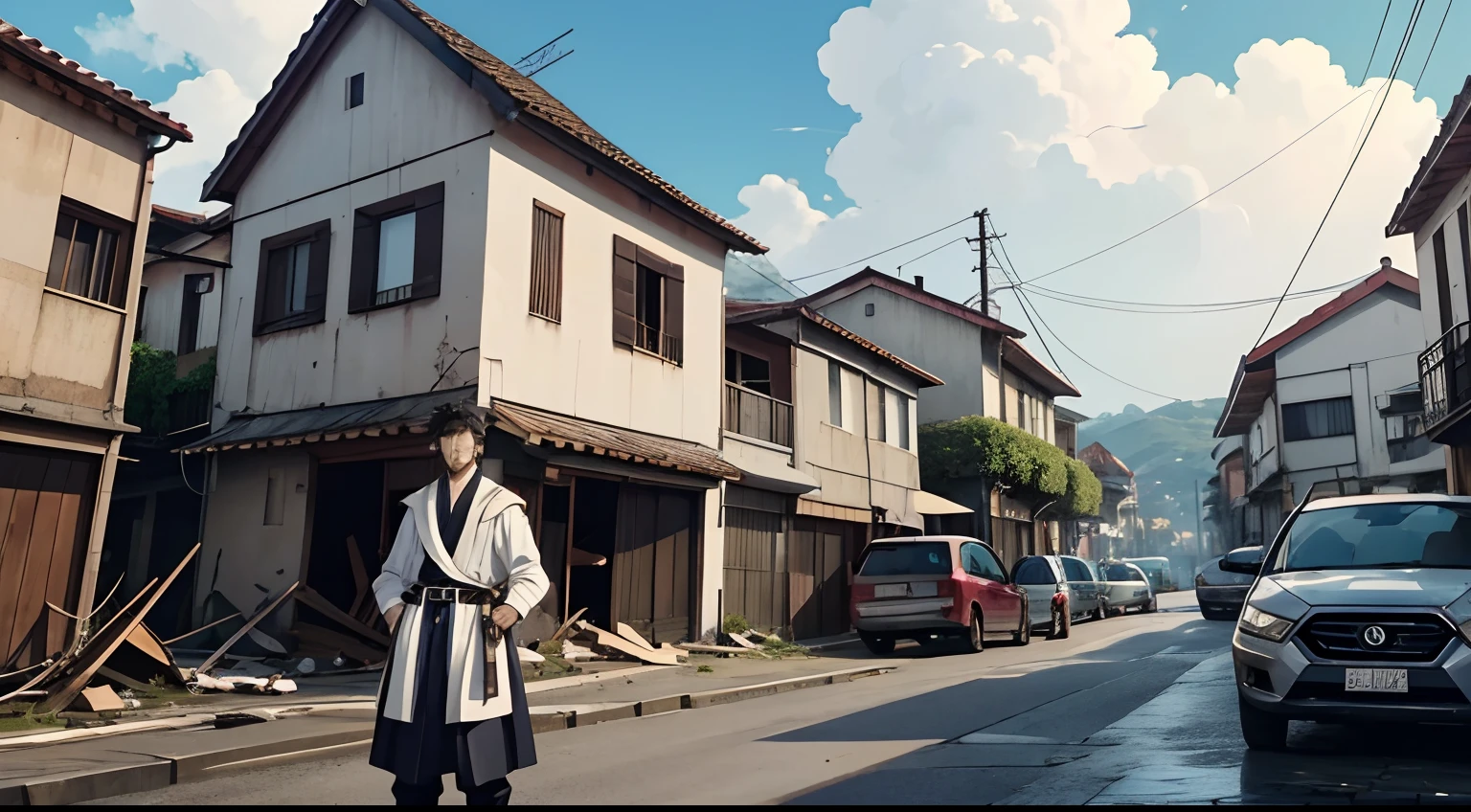 Anime guy in a peasant outfit standing in front of a war scene, personagem de anime masculino, jovem homem de anime, homem bonito anime, cara de anime alto com olhos azuis, arte cg anime suave, Retrato anime de um homem bonito, Kaworu Nagisa, pose de anime bonito, divindade cabelos brancos media altura, cabelos brancos, Arte Oficial, arte detalhada do personagem de anime, estilo anime masculino, badass anime 8 k, andando por uma cena desoladora no estilo anime, onde os horrores da guerra deixaram sua marca em uma pequena vila japonesa, The narrow streets are covered with rubble, Wreckage of collapsed buildings and wreckage of destroyed vehicles, The sky is cloudy and dark, com cinzas flutuando no ar, No centro da vila, , ao redor da vila, There's a sense of eerie silence, com apenas o eco ocasional de um vento inquietante,