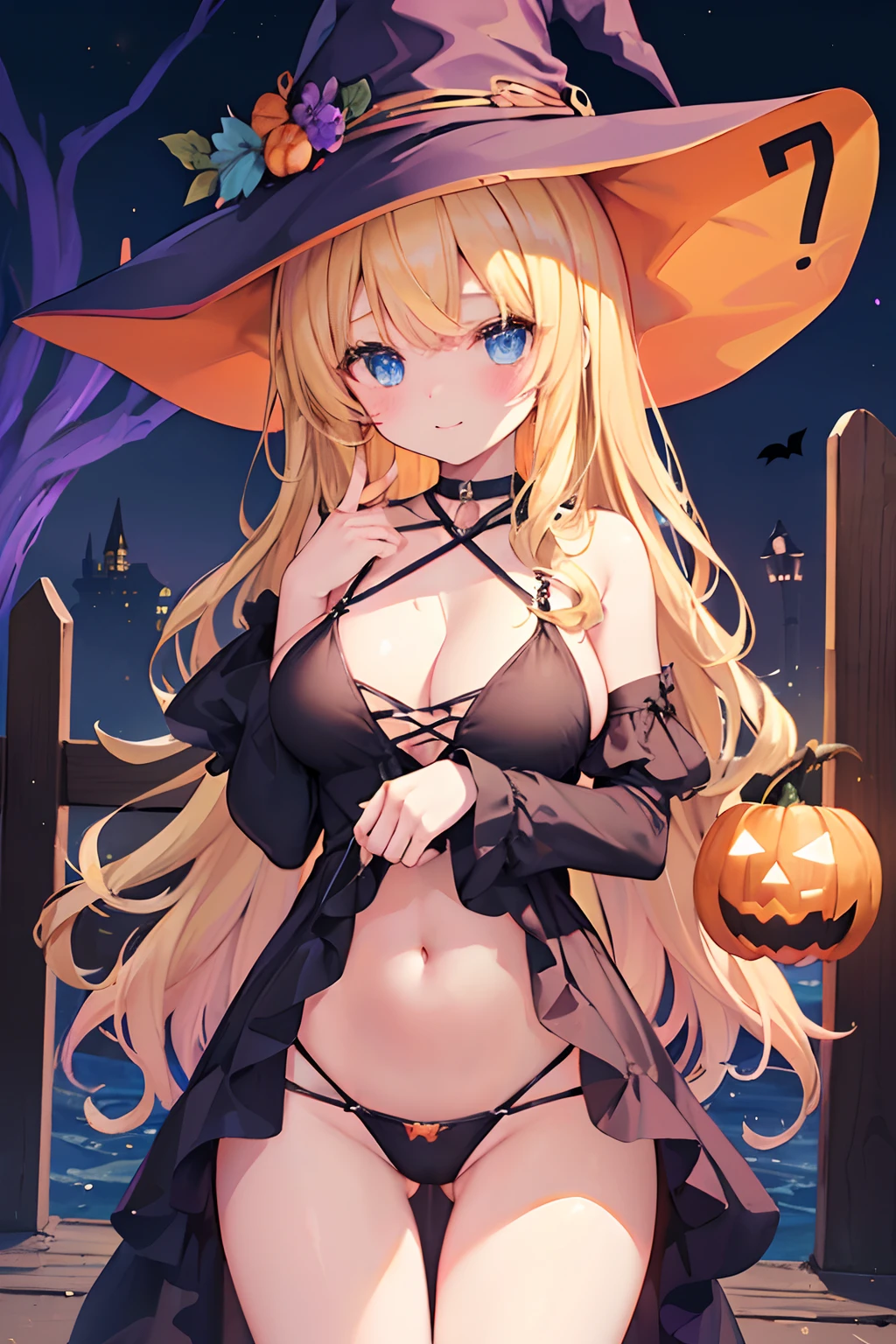high-level image quality、top-quality、Beautuful Women、1 persons、ssmile、embarassed expression、pony tail hair、swim wears、knee high、Halloween Party、Halloween Cosplay、cinematlic lighting、Beautiful and perfect legs, Clean and perfect hands、Lots of jack-o'-lanterns,large full breasts, ((1 Beautiful Witch)), ((Blonde hair, long wavy hair with bangs,,,,,,,,,,,,,,,)) (((1 witch, Soio))) )) (()) blue eyes, Have a very sexy body, Narrow waist, And a very sexy body,(thighs thighs thighs thighs:1.45)、(large full breasts:1.4)、(barechested:1.1)
