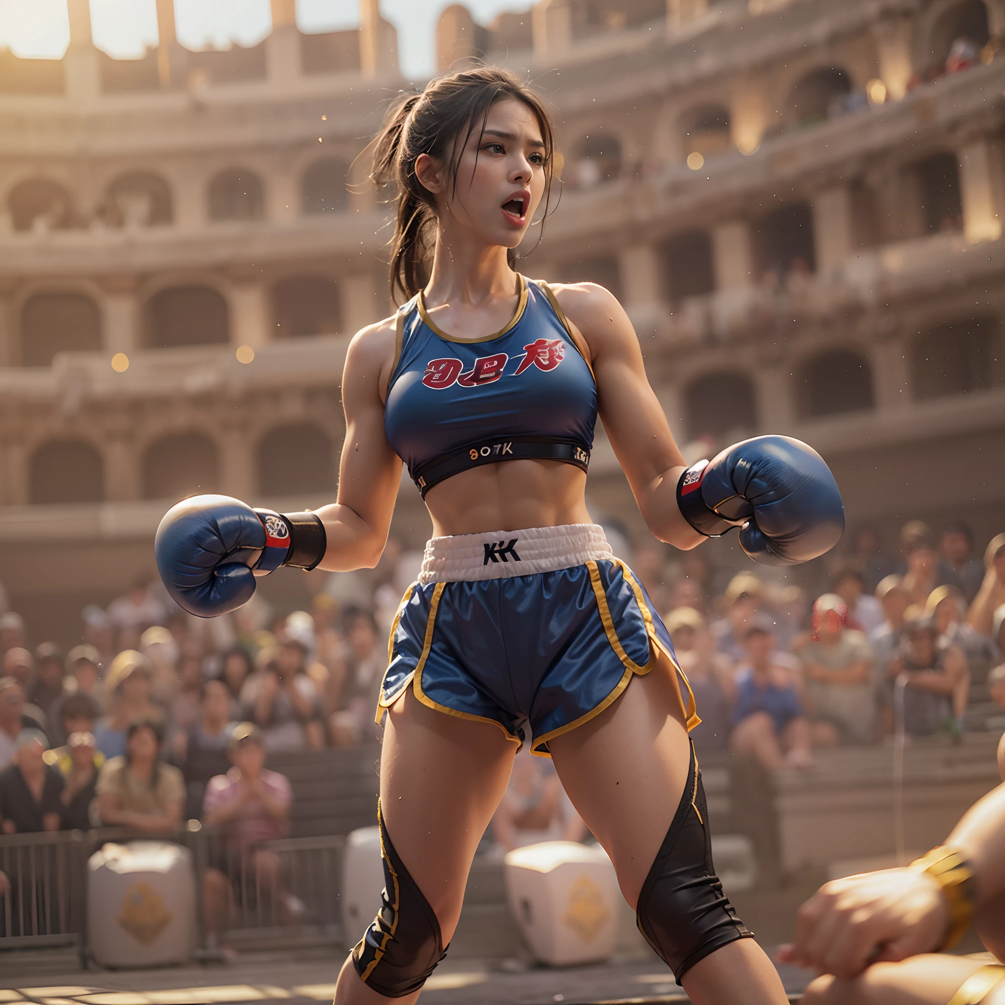 **render**: Boxing Girls, Rendered in highly detailed 4K, Get caught in intense moments at the Greek Colosseum. When she swings her fist, The luster of her skin and her detailed features stand out. The background is vibrant with strong sunlight, Showcase a Colosseum packed with spectators.