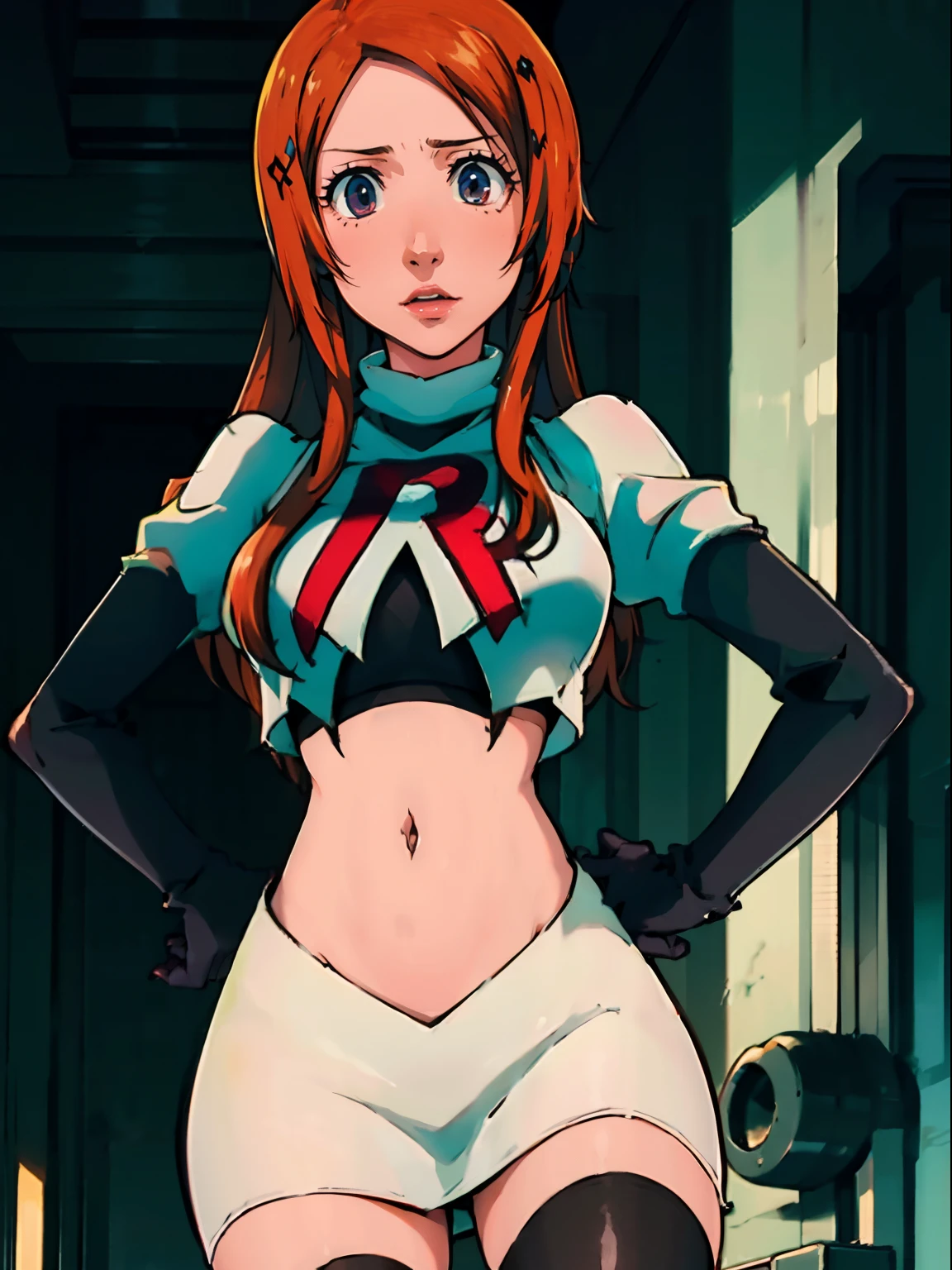 face of orihime,1girl,team rocket,team rocket uniform, red letter R, white skirt,white crop top,black thigh-highs,black elbow gloves, looking down on you , hands on hips