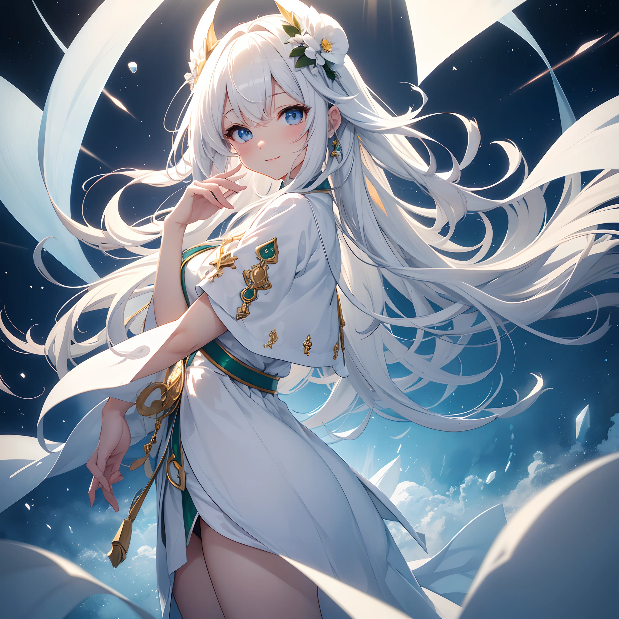 Pure white tones、Pure white color、Anime style、Kawaii Girl、sketch、Chibikko、Deformed Character、SD Character、A bright world without shadows、Full Whiteout、Original White、White and red priestess costume、Clothes with fine embroidery、Idol style、looking at sky、Receiving light from the front、Open mouth and look of surprise and joy、appearance々Rings of light floating in all directions、Golden hair、Long hair、sideburns are short、Hanikami smile、Round Eye、Eyes color is transparent emerald、colored pencil picture、Ultra-definition depiction of the background、The area is shrouded in thick fog, however、Only one corner is illuminated by rays of light、There is a polar bear whose whole body is enveloped in light、Deities々A space full of dazzling light、Hundreds of balls of light and particles of light floating in the air、