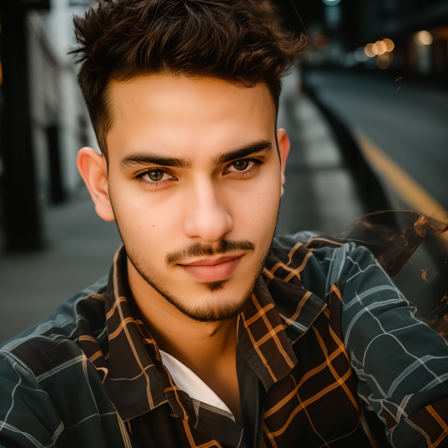 RAW photo, a portrait photo of 25 y.o man in casual clothes, night, city street, (high detailed skin:1.2), 8k uhd, dslr, soft lighting, high quality, film grain, Fujifilm XT3