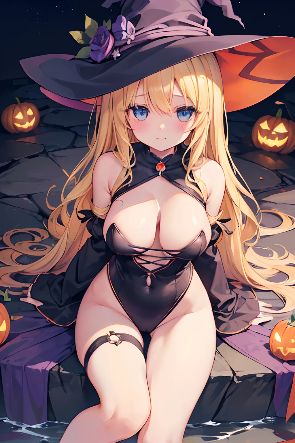 high-level image quality、top-quality、Beautuful Women、1 persons、ssmile、embarassed expression、pony tail hair、swim wears、knee high、Halloween Party、Halloween Cosplay、cinematlic lighting、Beautiful and perfect legs, Clean and perfect hands、Lots of jack-o'-lanterns,large full breasts, ((1 Beautiful Witch)), ((Blonde hair, long wavy hair with bangs,,,,,,,,,,,,,,,)) (((1 witch, Soio))) )) (()) blue eyes, Have a very sexy body, Narrow waist, And a very sexy body,(thighs thighs thighs thighs:1.45)、(large full breasts:1.4)、(barechested:1.1)