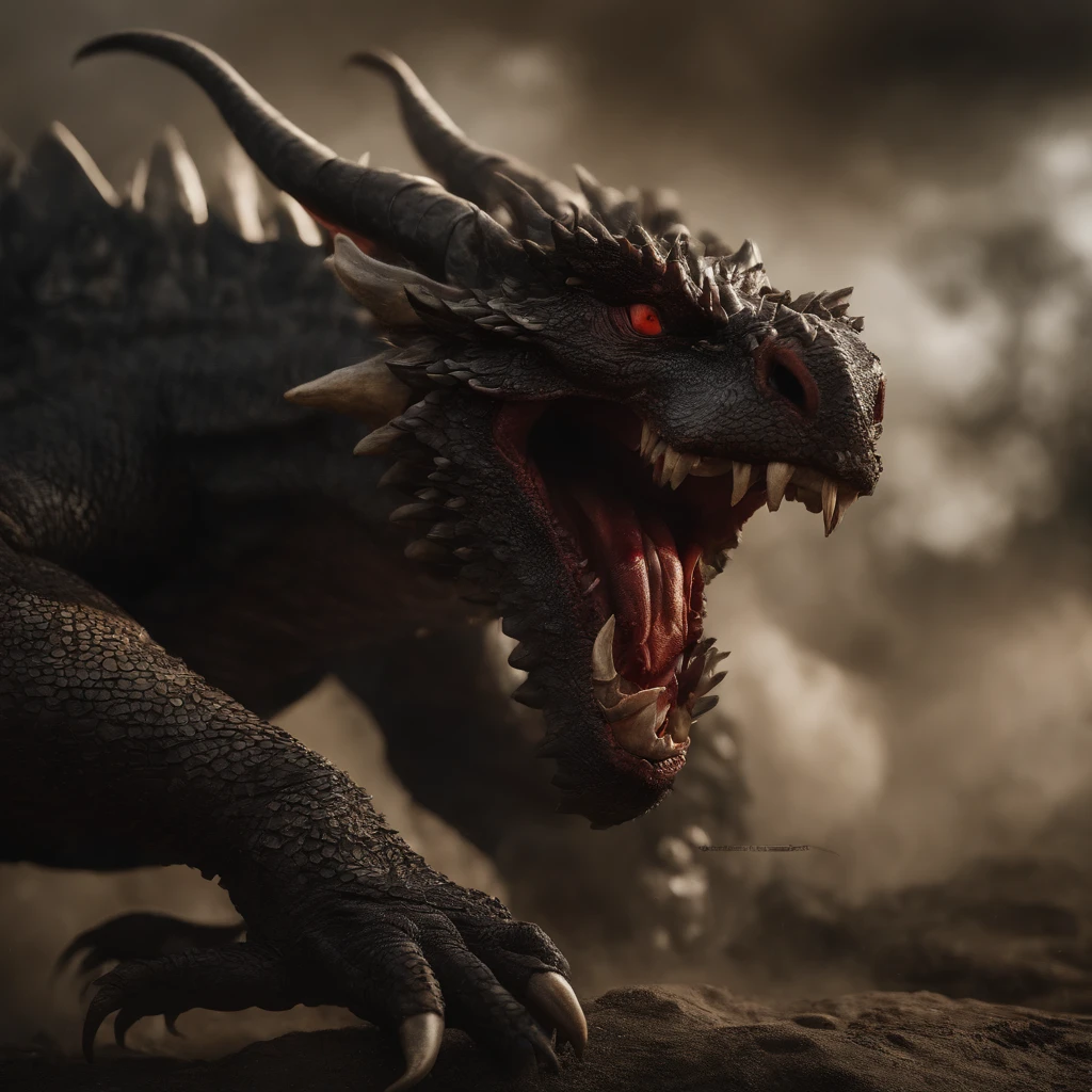 Tenryu Dourado,Rough red eyes,Close-up release of fire blood from the nose,Chest scales,alta qualidade,8k,muitos detalhes,Alface de fogo,Infelizmente,4 pernas,Garras manchadas,Ouro,Perigos,fires,dentes pontiagudos,big dragon,imensidade,Threatening,imponente