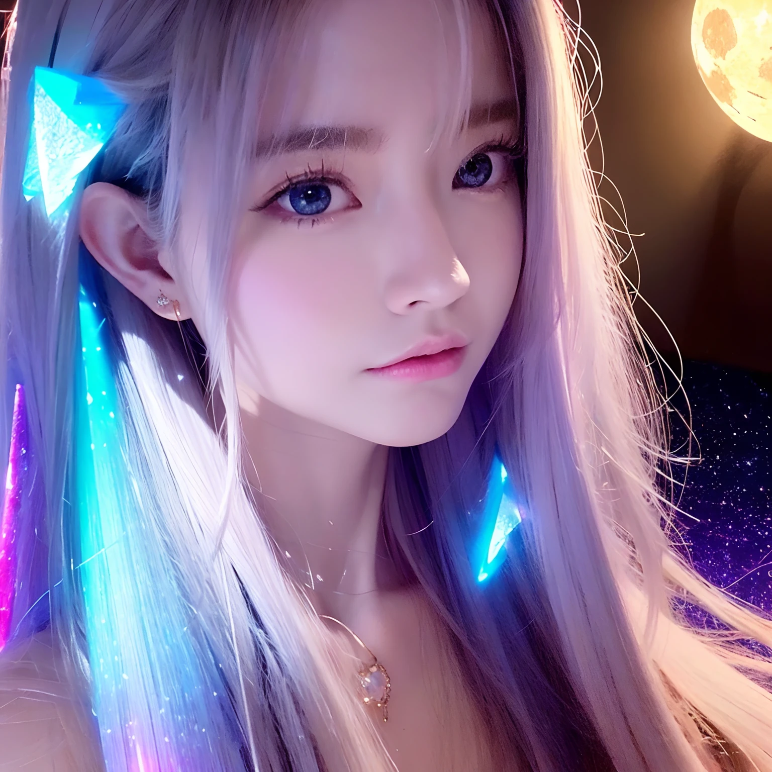 Masterpiece, Superb Girl, Cute Girl, Bust, High Detail Eyes, Perfect Eyes, Portrait, High Detail Face, Same Eyes, Glare, Rainbow Color, Global Illumination, Soft Light, Dream Light, Digital Painting, 8K Close-up, Fantasy, Night Sky, Stars, Nebula, White Crystal, Moonlight, Serenity, Summer, (8K:1.1)