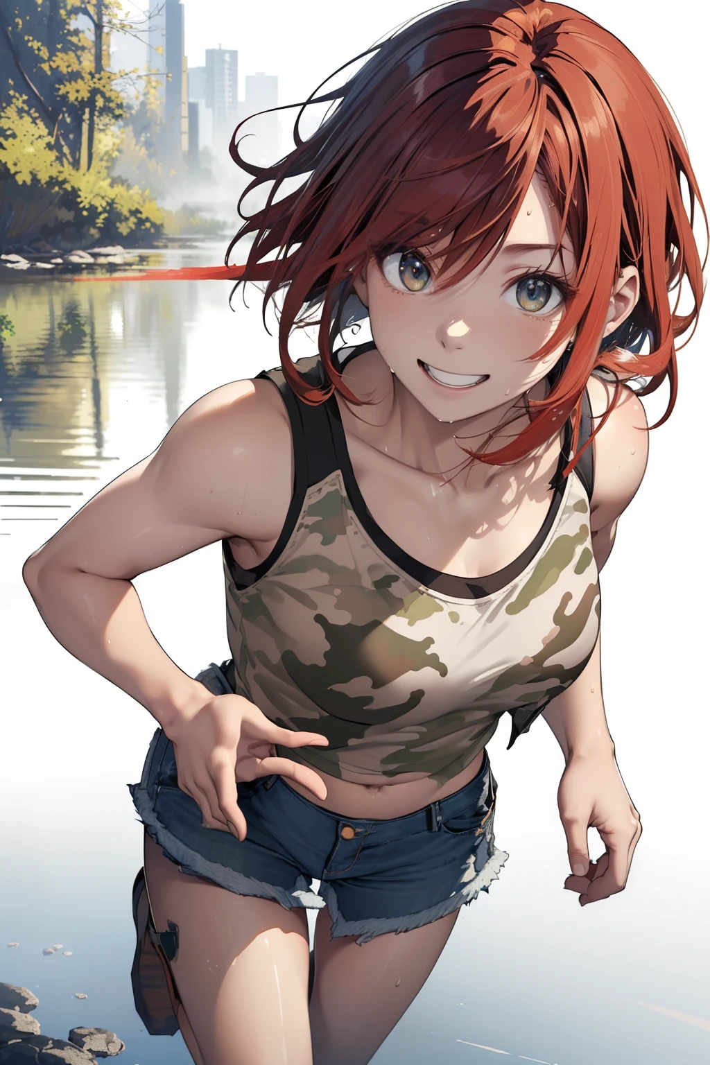 (Best Quality, 8K, Oil Painting, masutepiece:1.2), Ultra-detailed, (Realistic, Photorealistic:1.37), (((FULL BODYSHOT)))、Vibrant colors, Studio Lighting, (((The whole body is reflected)))、Shoulder-length bob hair, Green and brown tank top, Camouflage tank top, (((Denim miniskirt)))、(((White background))), (((with a pure white background)))、((Happy look))、(((Full speed)))、(((Sweaty)))、(((Red hair)))、(((bobhair)))、(((Camouflage pattern tank top)))、(((with a pure white background)))、(((There is a margin at the top)))、(((There is margin on the left and right sides)))、(((There is a margin above the image)))、(((Running to the left)))、(((Running with a smile)))