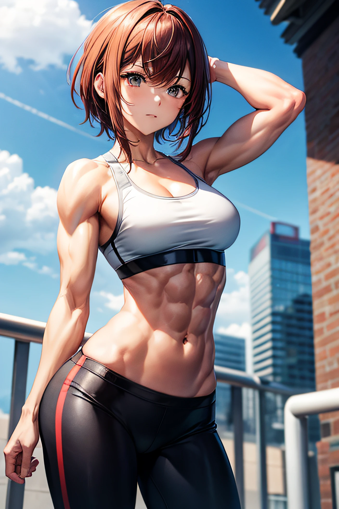 Kurisu Makise, six pack abs, muscle arms, sport bra, sport leggins, short hair