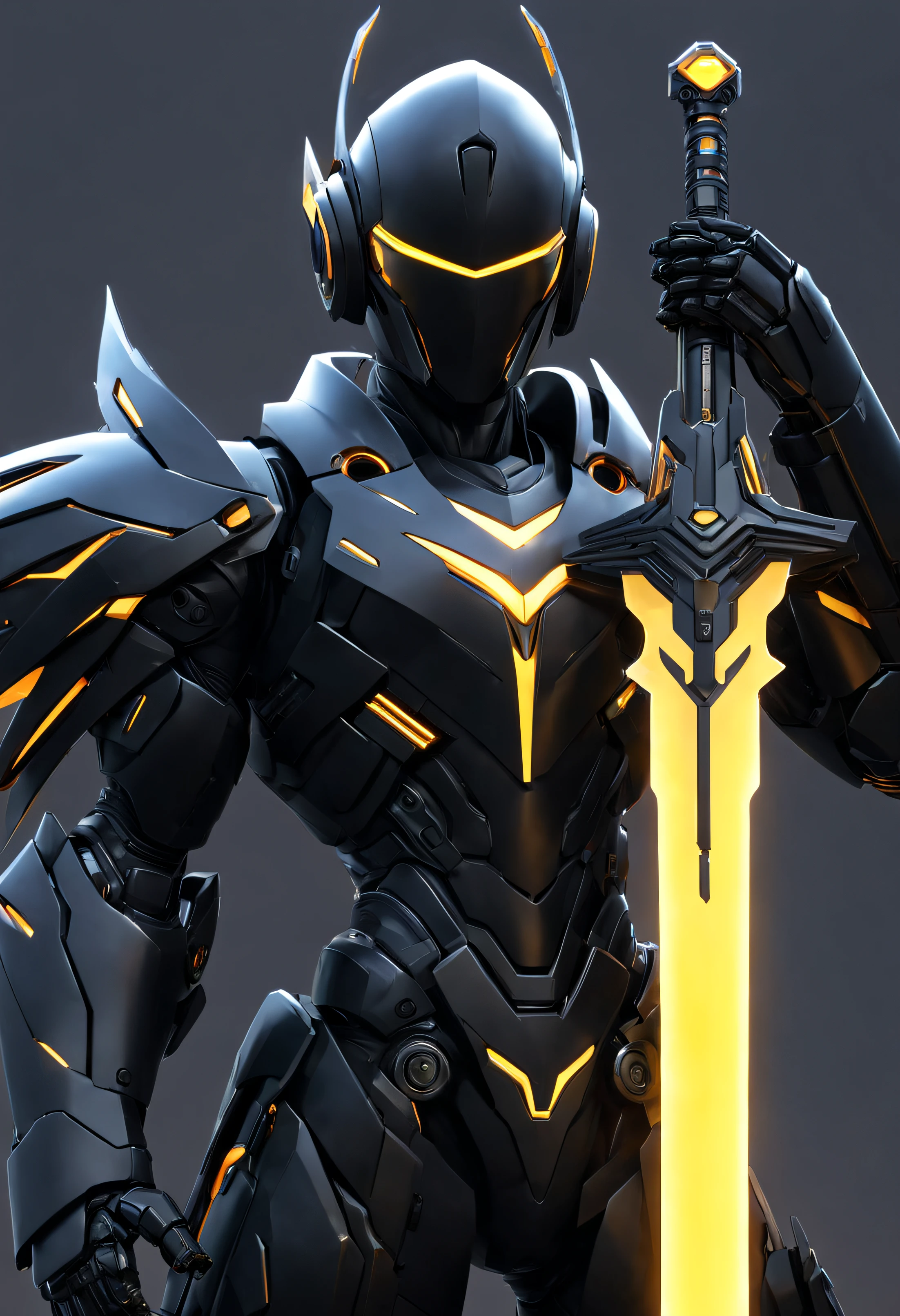 1man. male, solo, wearing black tech armor, holding glowing tech weapon infront of him, holding glowing tech sword, robot wings, simple glowing background , HD, masterpiece, best quality, hyper detailed, ultra detailed,