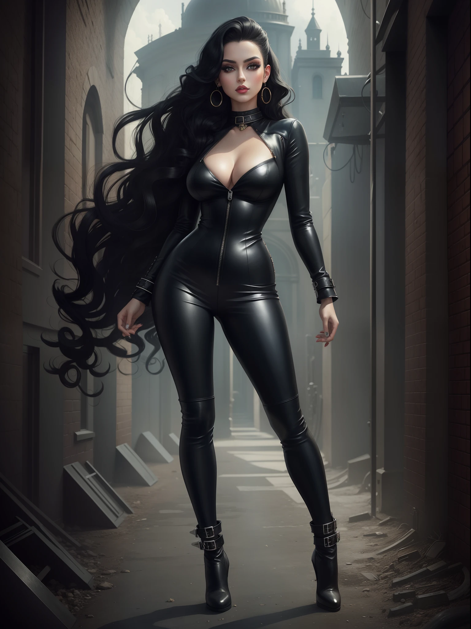 DigiArt Style, looking at viewer, full body, digital art, 1girl, solo, long curly hair, black hair, azur eyes, earrings, full lips, eyelashes, makeup,  jewelry, leather catsuit, leather clothes, leather straps, boots, fantasy