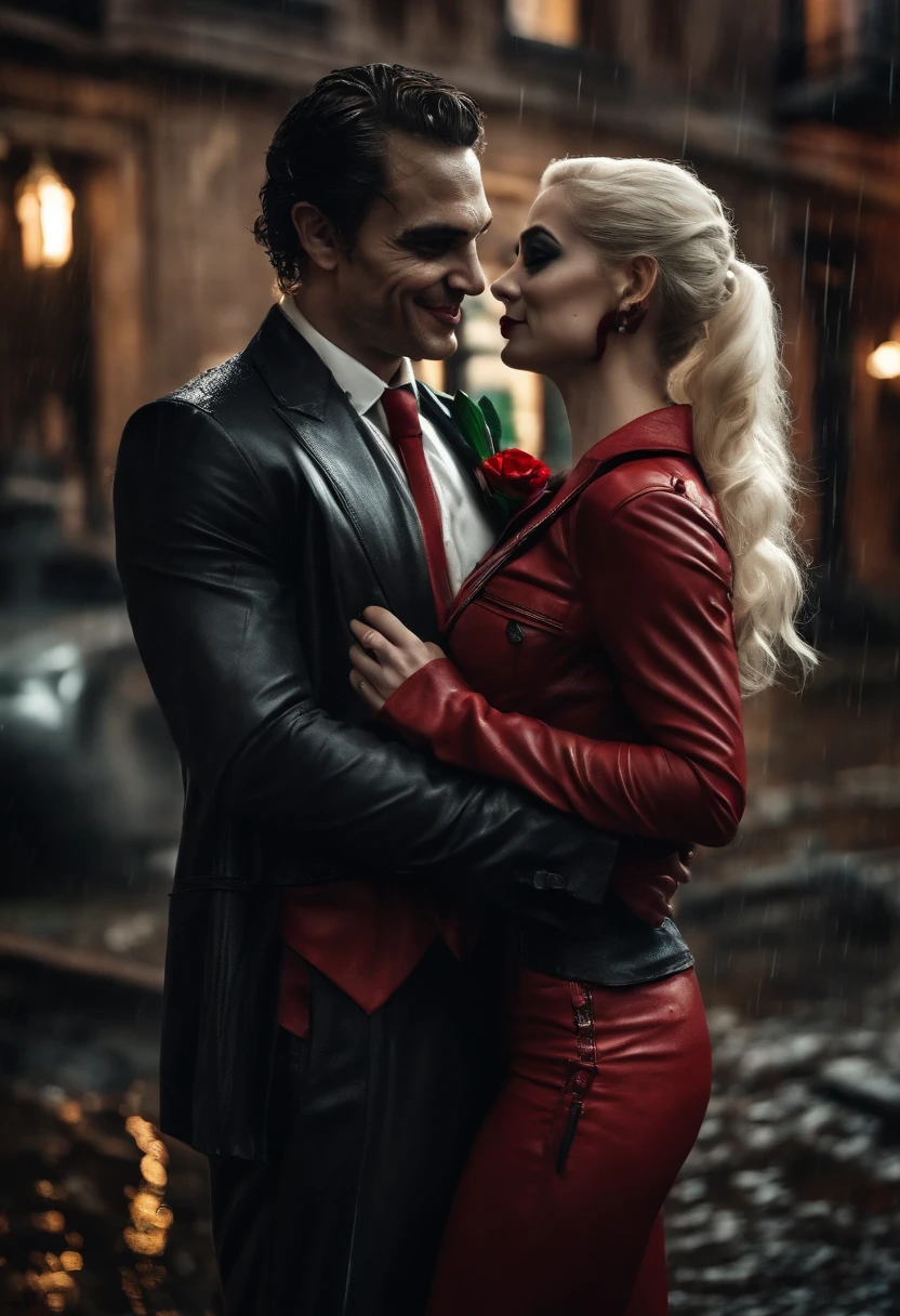 couple portrait photo from a joker hugged pretty harley quinn from behind, joker suit, rain day, wet, look at camera, dynamic romantic poses, dramatic couple portrait photography, arkham city, urban wall graffiti background, detailed face and eyes, perfect anatomy, perfect finger, lots of detail, higly detailed, cinematic lighting, movie scenes, trending movie color style, realistic photography, ultra realistic, masterpiece, dynamic composition, dynamic mid shot, very wide view, nvidia rtx