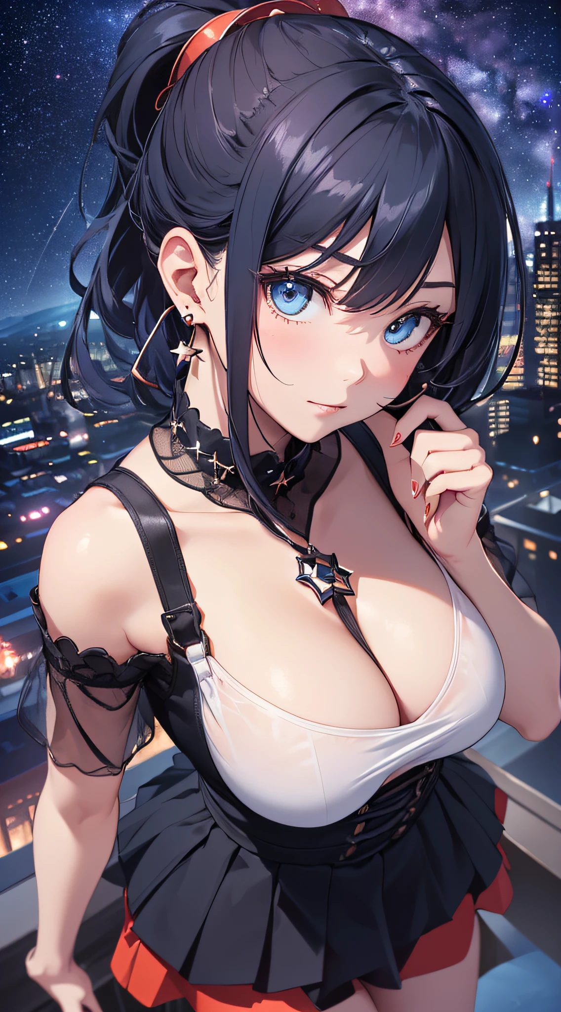top-quality、Top image quality、masterpiece、girl with((cute little、18year old、Best Bust、Medium bust、Bust 85,Beautiful blue eyes、Breasts wide open,Black Short Sleeve T-Shirt、White see-through、Black short skirt、Ponytail with black hair、Beautiful blue earrings、A slender、Blue hair mesh、、Leaning forward、Poses that emphasize breasts、Drunk、Being drunk、close to viewer、Kamimei、From above、Shy face、dye one's cheeks red、POV POV Perspective、Touch the viewer's body))hiquality、Beautiful Art、Background with((Red and blue lighting、Planetarium Town、Beautiful starry sky、Illumination Town)),masutepiece、Elaborate design、visualart、depth of fields、The best lighting、highestdetailed、8k