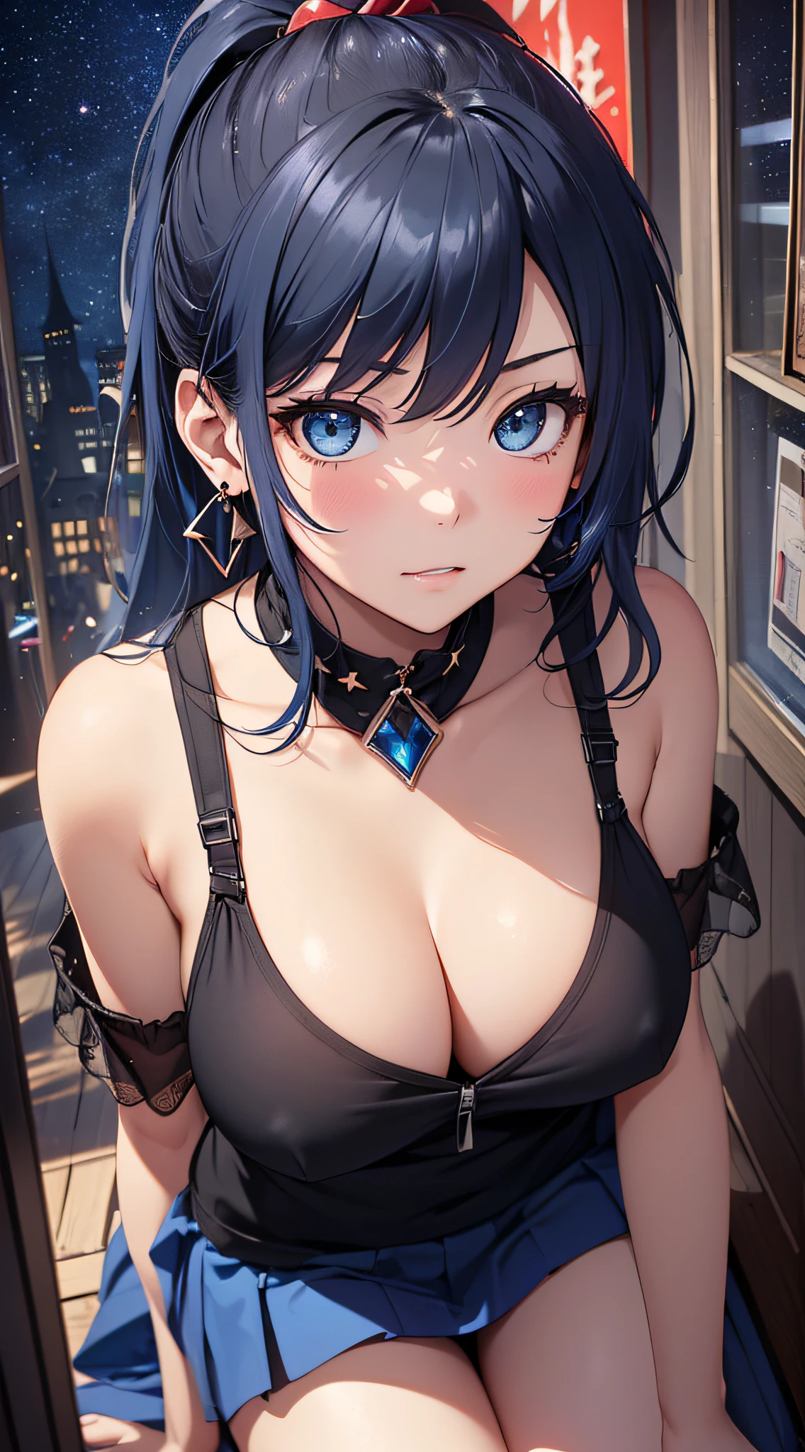 top-quality、Top image quality、masterpiece、girl with((cute little、18year old、Best Bust、Medium bust、Bust 85,Beautiful blue eyes、Breasts wide open,Black Short Sleeve T-Shirt、White see-through、Black short skirt、Ponytail with black hair、Beautiful blue earrings、A slender、Blue hair mesh、、Leaning forward、Poses that emphasize breasts、Drunk、Being drunk、close to viewer、Kamimei、From above、Shy face、dye one's cheeks red、POV POV Perspective、Touch the viewer's body))hiquality、Beautiful Art、Background with((Red and blue lighting、Planetarium Town、Beautiful starry sky、Illumination Town)),masutepiece、Elaborate design、visualart、depth of fields、The best lighting、highestdetailed、8k