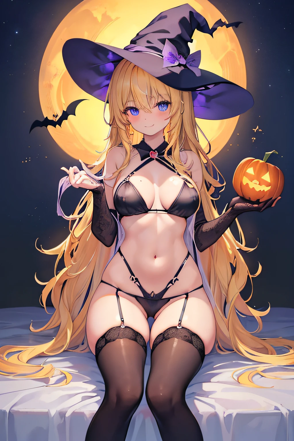 high-level image quality、top-quality、Beautuful Women、1 persons、ssmile、embarassed expression、pony tail hair、swim wears、knee high、Halloween Party、Halloween Cosplay、cinematlic lighting、Beautiful and perfect legs, Clean and perfect hands、Lots of jack-o'-lanterns,large full breasts, ((1 Beautiful Witch)), ((Blonde hair, long wavy hair with bangs,,,,,,,,,,,,,,)) (((Witch 1 person, Soio))) )) (()) blue eyes, Have a very sexy body, Full chest and narrow waist, And a very sexy body,(thighs thighs thighs thighs:1.3)、(large full breasts:1.3)、(barechested:1.2)