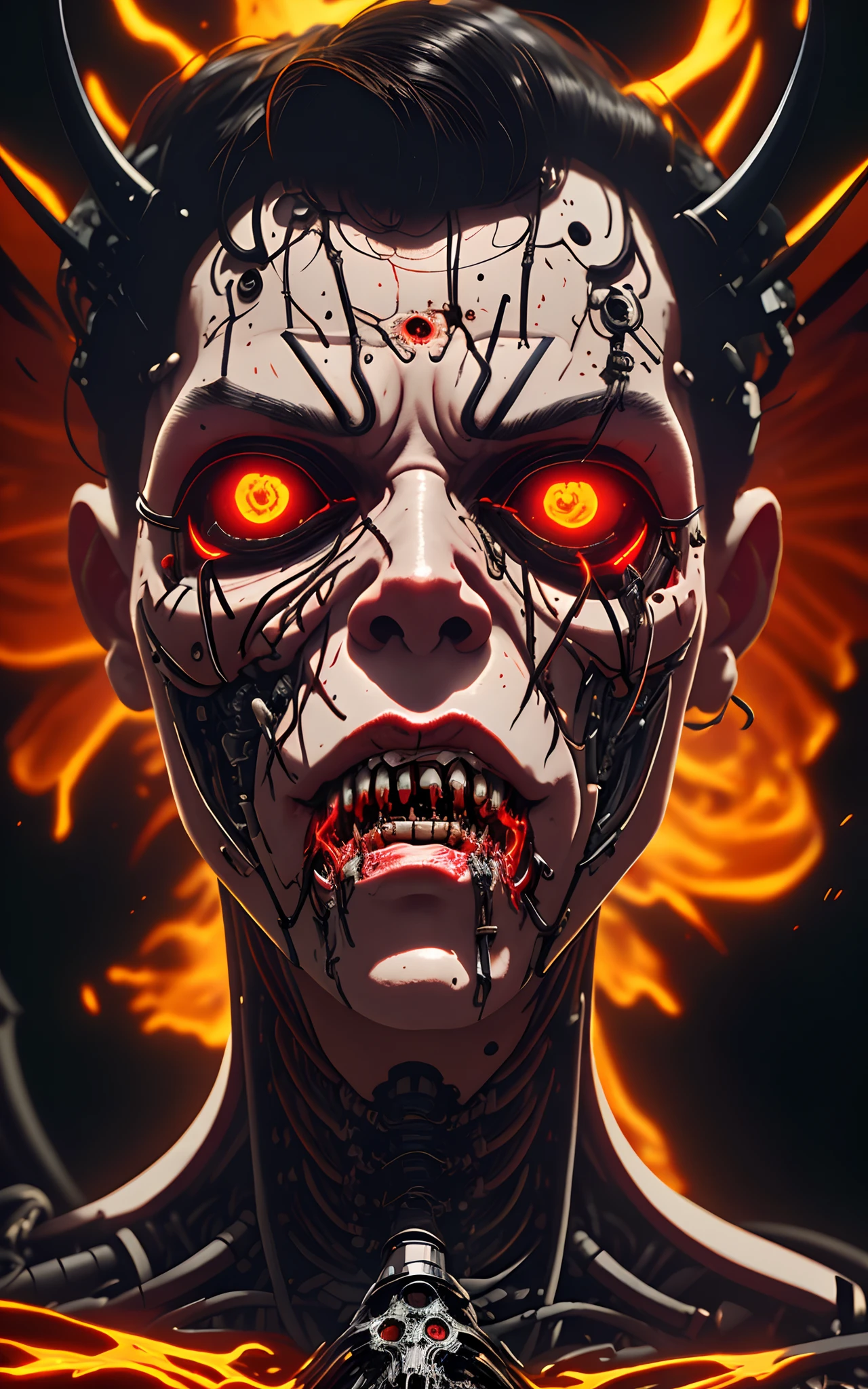 a close up of a person with a demonic face and a body, dren from splice, depraved cybernetic demon, melted cyborg, dark supervillain, dark but detailed digital art, cyborg satan, anger. hyper detailed, lord of cinder, infini - d - render, dark soul concept, 4k highly detailed digital art
